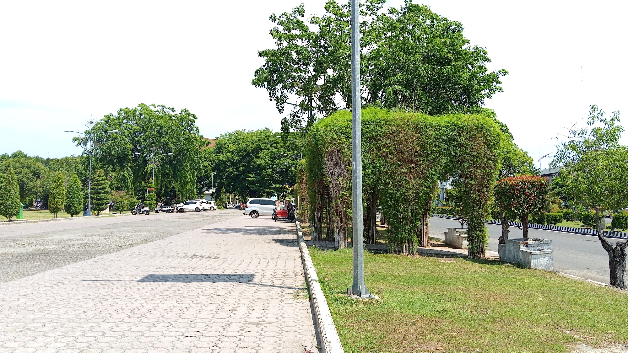 This image depicts an outdoor scene in the city of Lhokseumawe, Indonesia, likely at a park or public space. In the foreground, a paved walkway with a hexagonal pattern runs along the left side of the image, transitioning to a grassy area on the right. Dominating the right side of the image is a sculpted hedge, shaped to resemble an elephant, with its trunk extending to the left. The elephant hedge is composed of dense green foliage and appears to be supported by visible bamboo-like stalks. A tall, slender lamppost stands near the elephant hedge.
Further into the background, on the left, a parking lot is visible with several parked vehicles, including white cars and scooters. People are seen near the vehicles. Beyond the parking lot, a variety of trees with lush green foliage are present, some of which are tall and mature, while others are more shaped, like cypress trees. A road with a black and white striped curb is visible in the far right background. The sky is bright and overcast. The overall impression is a well-maintained public area with decorative landscaping.
