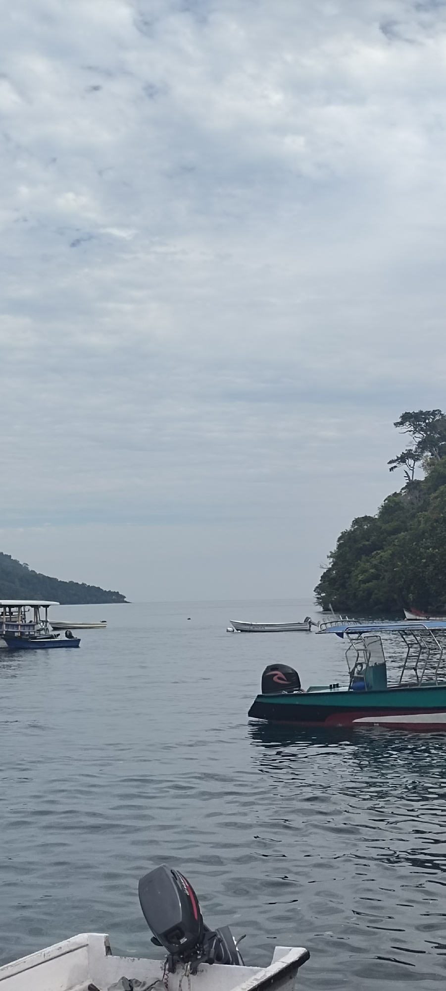 The image depicts a calm seascape in Sabang, Indonesia, likely near a bay or harbor, with several boats docked or anchored. The sky is overcast with a light gray hue, suggesting a cloudy day. In the foreground, a white boat with a black outboard motor is partially visible on the lower left. Further out, a green and red boat with a canopy and metal railings is moored.
To the left of the frame, a blue and white boat with a roof structure is seen, with a smaller white boat behind it. In the mid-ground, a long, slender white boat is anchored. In the distance, a lush, green, tree-covered island or peninsula juts out into the sea on the right side of the image. The water is a deep blue-gray, with gentle ripples indicating minimal wave activity. The overall scene conveys a tranquil and serene atmosphere typical of a coastal area.