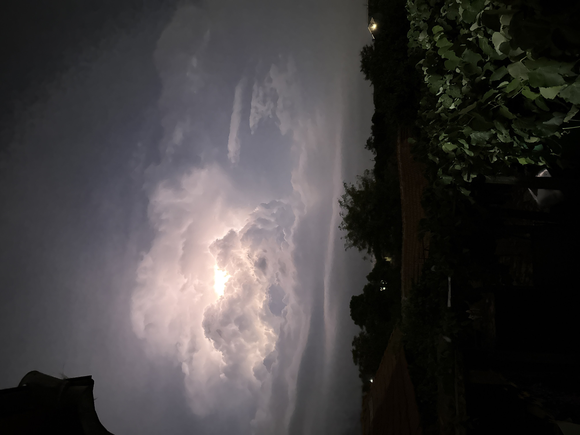 The image captures a dramatic nighttime sky over Ekzarh Antimovo, Bulgaria, illuminated by a powerful lightning strike within a massive cumulonimbus cloud formation. The foreground is dark, with the silhouettes of trees, vegetation, and the roof of a building visible. The bright flash of lightning is central, casting a soft, diffuse glow through the dense clouds, creating a stark contrast with the dark surroundings. The atmospheric conditions suggest an active thunderstorm in progress.
