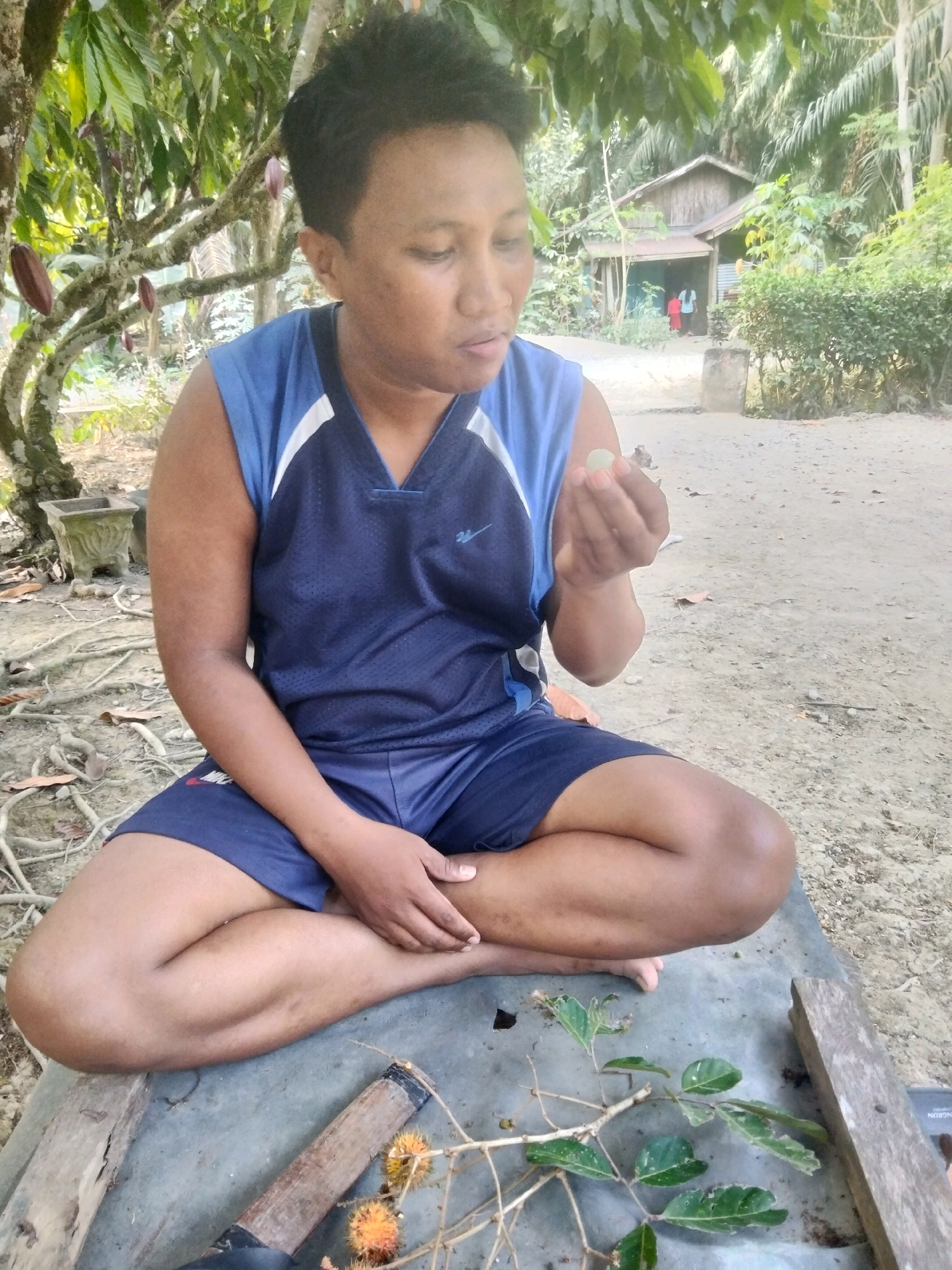 A person sits cross-legged on a concrete surface in an outdoor, rural setting, possibly in Indonesia. The person, wearing a blue sleeveless athletic shirt and matching shorts, holds a small, light-colored object in their right hand, examining it closely. In the foreground, a branch with green leaves and a few small, spiky orange fruits, likely rambutan, lies on the concrete. To the left, a wooden object, possibly a tool handle, is partially visible. The background features a rustic wooden house with a red and white figure standing outside, surrounded by lush green vegetation and trees, including one with visible cocoa pods. The ground is dirt and scattered with leaves and roots.