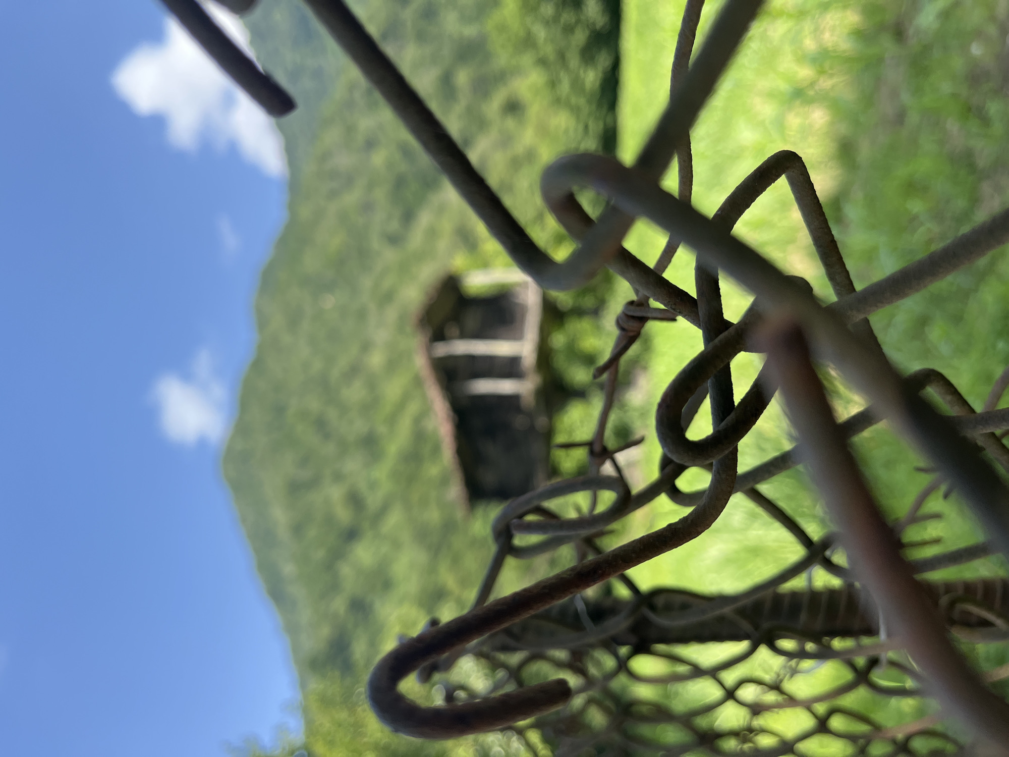 The image depicts a rustic scene in Mirveti, Georgia. In the foreground, rusty barbed wire and chain-link fencing are prominently displayed, creating a sense of obstruction and aged decay. Beyond the fencing, a dilapidated wooden structure, possibly a house or shed, stands abandoned amongst lush green foliage. The background features a verdant, tree-covered mountain under a clear blue sky with scattered white clouds. The overall atmosphere is one of rural isolation and abandonment.