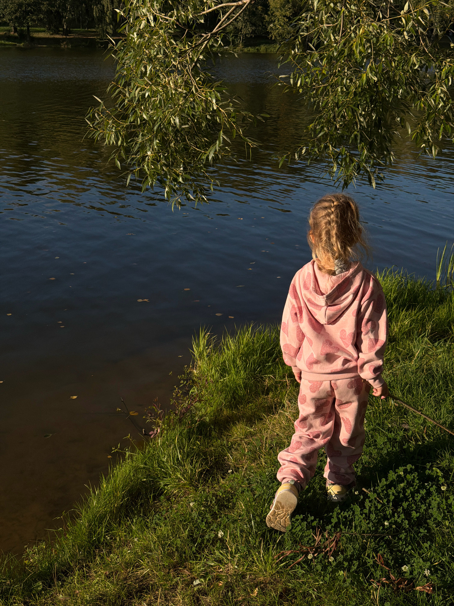 A young child with blonde hair styled in braids stands on a grassy bank, facing a body of water. The child is wearing a pink hooded tracksuit adorned with a heart pattern and yellow shoes. The child holds a thin stick in their right hand. The water appears dark and reflects the sky and surrounding trees. Overhanging branches with green leaves extend from the left side of the frame towards the water. The grassy bank is illuminated by sunlight, casting shadows. The scene is set by a body of water in Malakhovka, Russia.