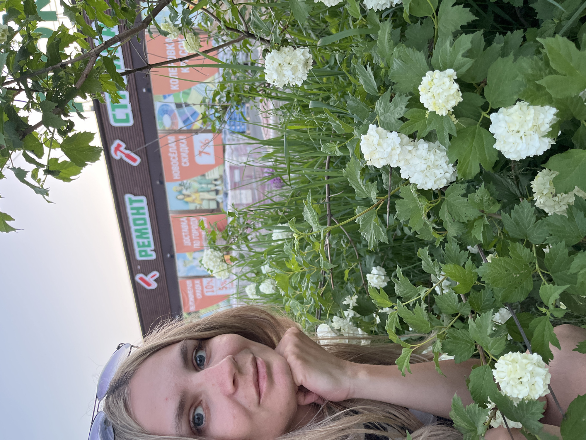 The image is a selfie taken by a blonde woman with fair skin and blue eyes. She is positioned in the foreground, her face slightly tilted towards the camera, with her left hand resting against her cheek. Sunglasses are perched on her forehead.
Behind the woman, there is a bush with round clusters of white flowers amidst green foliage. Further in the background, a billboard is visible with the word "РЕМОНТ" ("Repair") prominently displayed. Other text on the billboard includes phrases like "НОВОСЁЛАМ СКИДКА" ("Newcomers Discount") and "ДОСТАВКА ПО ГОРОДУ" ("Delivery around the city"). A red arrow is pointing at the text. There are also numbers indicating discounts (10% and 5%) as well as the word "КОЛЕРОВКА" (Tinting) and another percentage of "7%".
Based on the Cyrillic text on the billboard, the location is likely somewhere in Russia. The combination of "REMOHT", and the phrase "ДОСТАВКА ПО ГОРОДУ", suggests a home improvement store. Given the context of the provided information, this location is likely in the city of Chaikovsky, Russia.