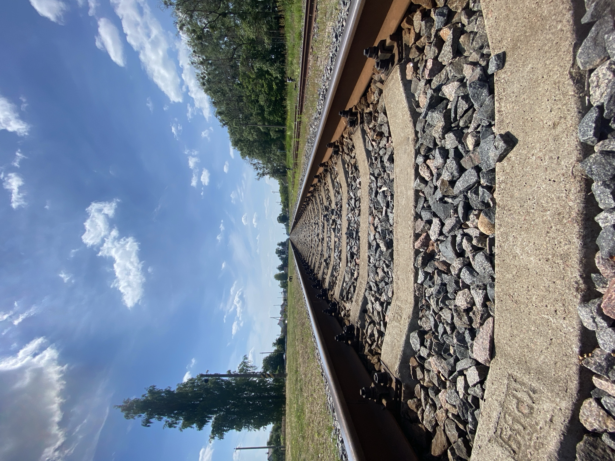 The image shows a low-angle shot of a railway track extending into the distance in daylight. The tracks are made of metal rails supported by concrete sleepers and ballast. On the left side of the tracks, there is a grassy field with a tall tree and some distant buildings. On the right side of the tracks, there is a dense line of trees. The sky is blue with scattered white clouds. There are no people or animals visible in the image. The scene appears to be located in or near the city of Parėčča, Belarus, given the context of the prompt.