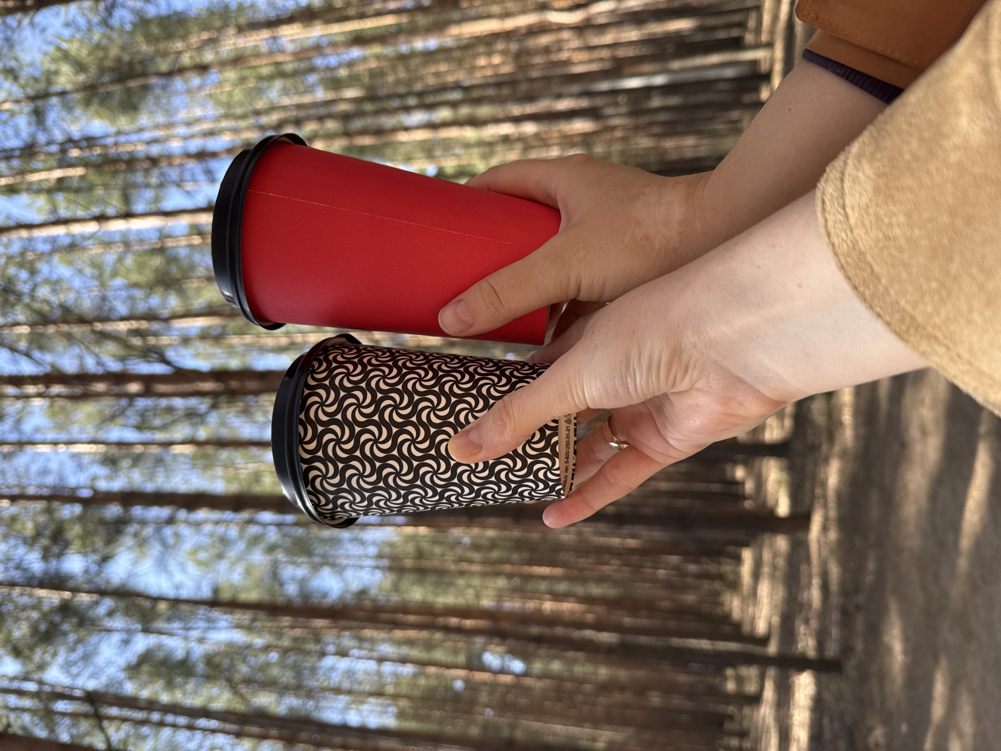 A person holds two paper cups in their hands against a backdrop of blurred trees and sky. The cup in the upper hand is solid red with a black lid. The cup in the lower hand is decorated with a black and white swirling pattern and also has a black lid. The person is wearing a light brown jacket. The location appears to be outdoors, possibly in a wooded area. There is no concrete evidence of the location being in Chaikovsky, Russia.