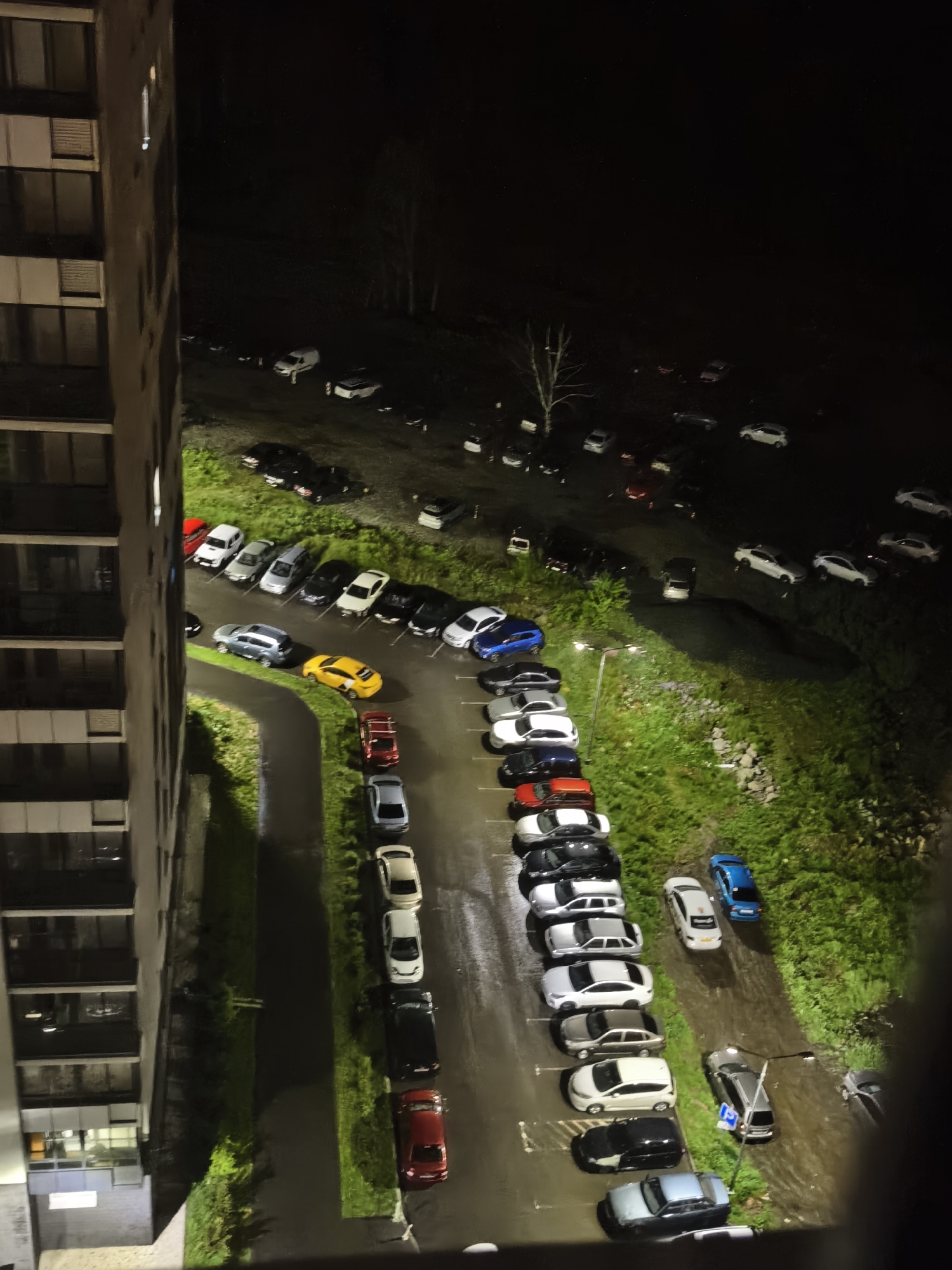 A nighttime aerial view reveals a parking lot adjacent to a tall building of unspecified use. Numerous cars of various colors and models are parked within the marked spaces. Beyond the parking area, a green space stretches toward a darker treeline. The scene is illuminated by streetlights. No people are visible.