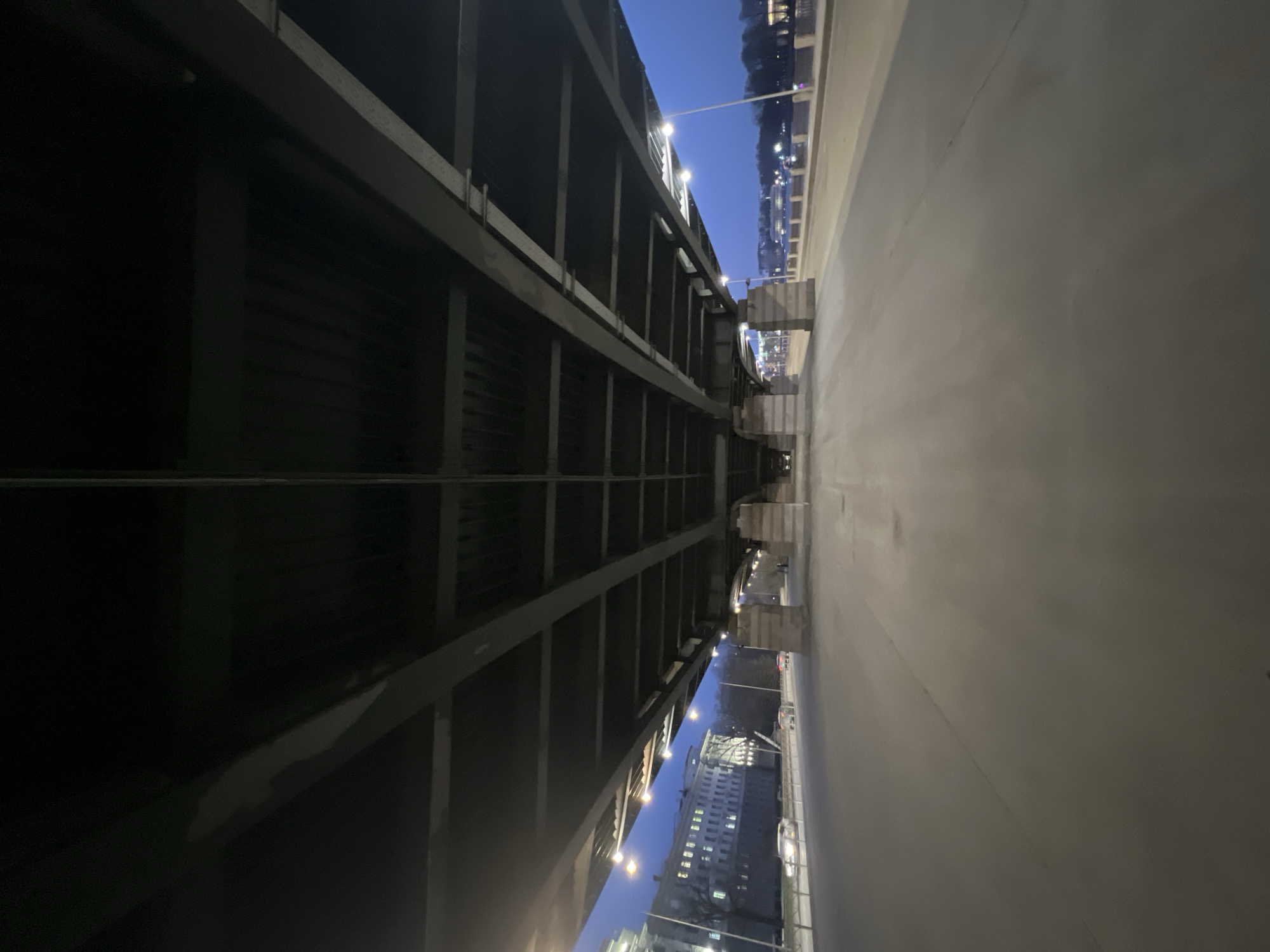The image depicts an urban scene captured from underneath the Blagoveshchensky Bridge (Annunciation Bridge) along the Universitetskaya Embankment on Vasilievsky Island in Saint Petersburg, Russia, during twilight or early night.
The perspective is from beneath the bridge structure, looking forward along a wide, multi-lane asphalt road. The underside of the bridge dominates the upper half of the frame, revealing a dark network of steel beams and girders. The bridge is supported by a series of substantial, rectangular concrete pillars, faced with lighter masonry, positioned centrally along the roadway, extending into the distance.
On the left side of the scene, a multi-story, classical-style building with numerous illuminated windows is visible along the embankment, set back from the road. Its light-colored facade is distinct against the deep blue twilight sky. Bare trees are sparsely visible between the road and the building. Several vehicles with illuminated headlights are present on the road, moving away from the viewer.
On the right side, beyond the bridge pillars, the dark waters of the Neva River are visible, reflecting distant city lights. A stone embankment with railings separates the road from the river. Tall streetlights mounted on poles illuminate sections of the roadway and the riverbank. Faint, blurry figures, possibly pedestrians, are discernible near the rightmost bridge supports in the middle ground.
The asphalt road surface appears somewhat reflective in areas, possibly due to dampness or artificial lighting. The overall illumination is provided by streetlights, building lights, and vehicle headlights, creating a subdued and moody urban atmosphere.