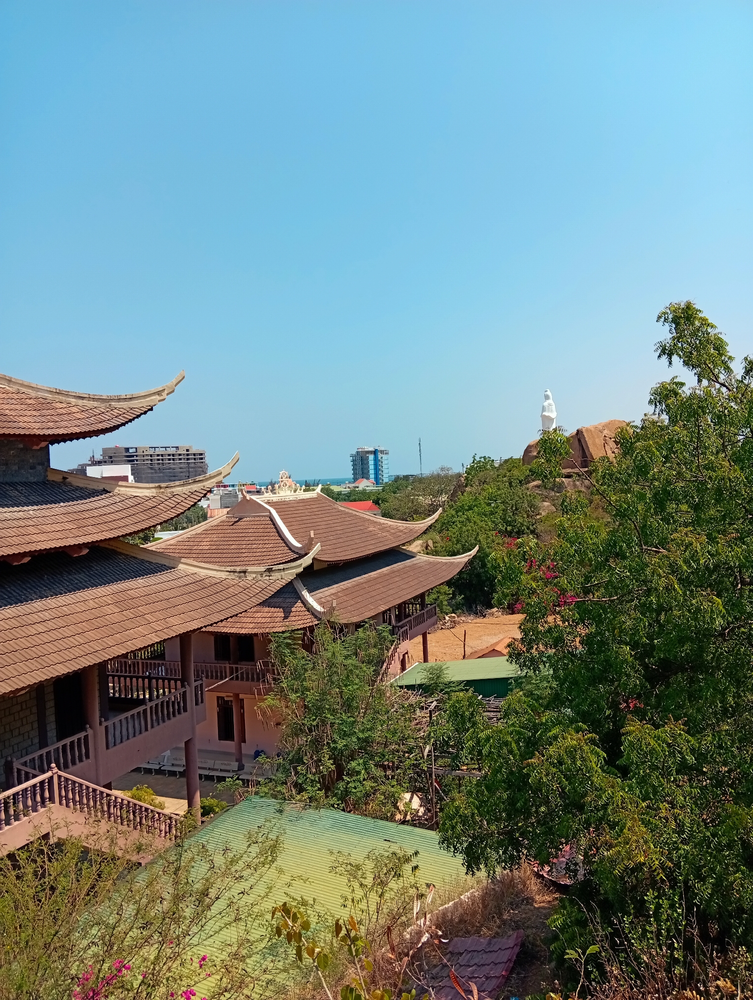 This elevated wide shot captures a picturesque scene of a traditional temple complex in Khánh Hải, Vietnam, under a clear, bright blue sky. The foreground and midground are dominated by several buildings featuring distinctive East Asian architecture, characterized by multi-tiered, curved roofs with reddish-brown tiles. Many of these structures incorporate balconies and ornate railings, nestled amidst abundant green trees and lush foliage.
To the right, dense greenery fills a significant portion of the frame, with tall, leafy trees obscuring parts of the landscape below. In the midground, atop a rocky, tree-covered hill, a prominent, large white statue, likely of Buddha or Guan Yin, stands tall, gazing over the surrounding area.
Beyond the temple grounds and the hill, a modern urban landscape is visible in the distance, marked by contemporary buildings and construction sites. A sliver of the ocean can be seen on the far horizon, indicating the coastal location. The scene portrays a tranquil blend of ancient culture and natural beauty juxtaposed with urban development. The time of day appears to be bright daylight with clear weather. No specific activities or visible text are discernible in the image.