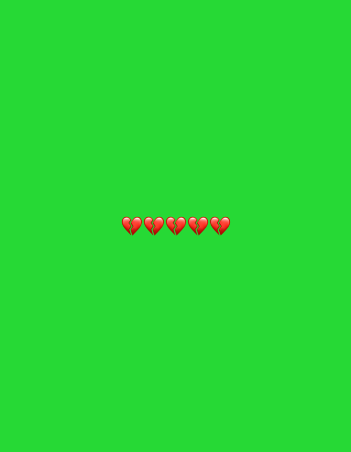The image displays five identical red broken heart emojis, each rendered with a distinct vertical fracture, arranged in a precise horizontal line across the central axis of a uniformly vibrant green background. The background is completely devoid of any other elements, patterns, or discernible features. No individuals, additional objects beyond the emojis, specific actions, or interactions are depicted. The environment consists solely of this untextured, flat green field. This scene is situated in Paris, France.
