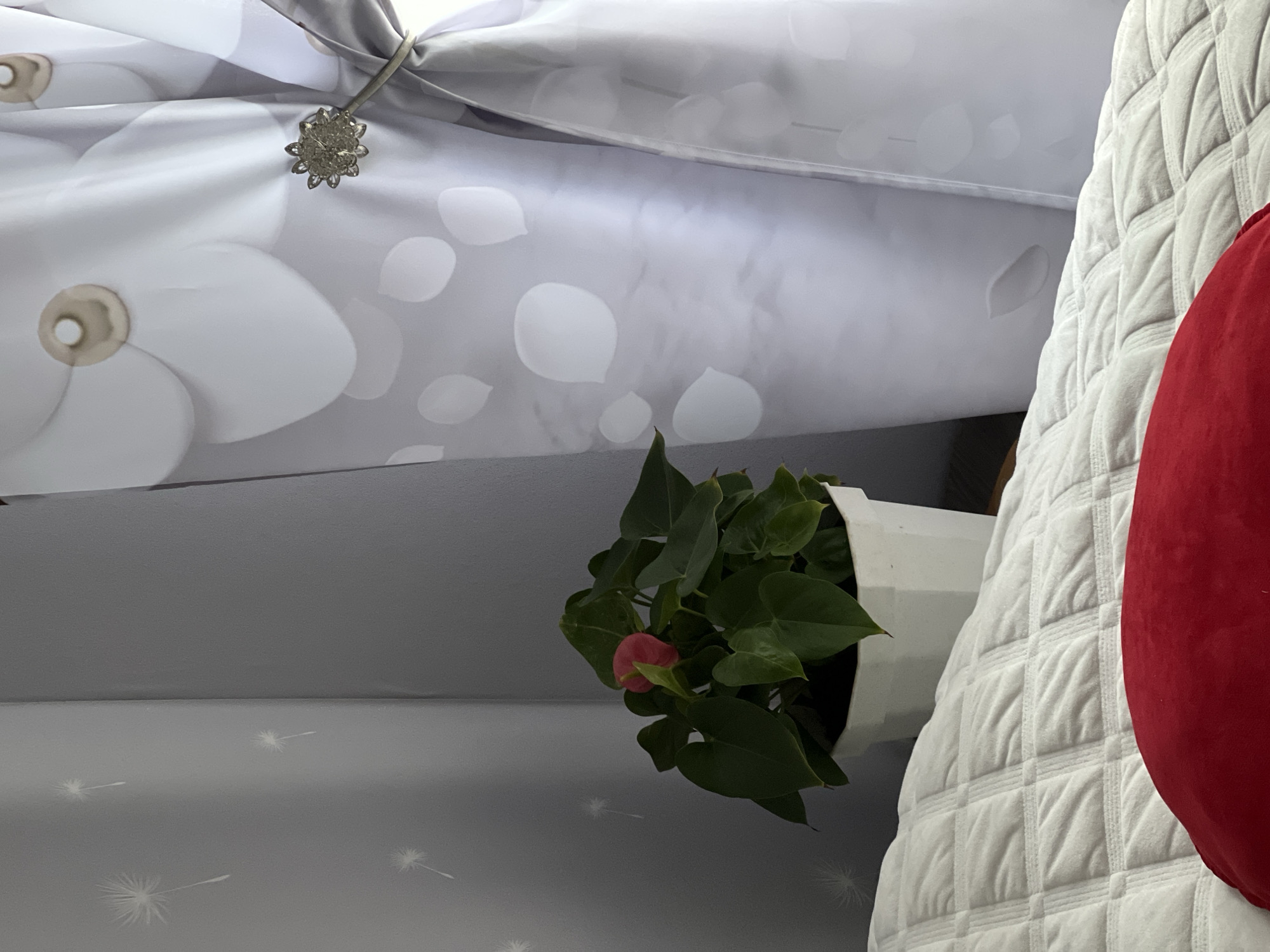The image depicts an indoor scene with a bed in the foreground, covered with a white quilted blanket. A red circular pillow rests on the bed. Behind the bed, on a wooden surface, is a white pot containing a green plant with a single pink flower. To the right of the plant, a light-colored curtain with a floral pattern is partially drawn back by a decorative silver tie-back. The wall to the left of the plant has a subtle dandelion print. The lighting suggests an indoor setting, possibly a bedroom. There is no visible indication of the specific location being within Прикамский, Russia.