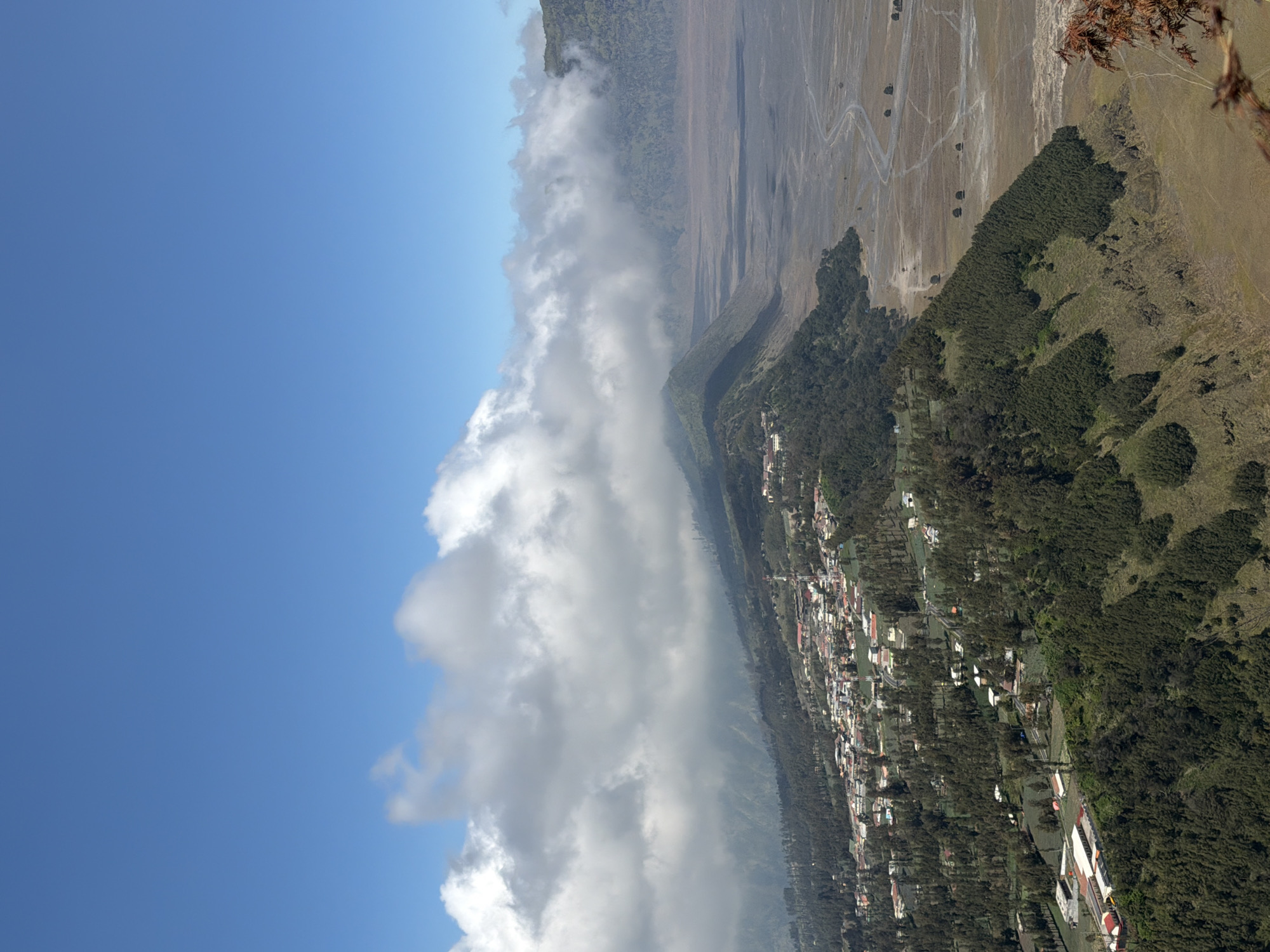 The image shows a panoramic view from a high vantage point overlooking the village of Cemorolawang, Indonesia, nestled on a hillside. The foreground is dominated by a steep, tree-covered slope, with a cluster of buildings appearing on the left side of the slope, some with red roofs. A town or village spreads across the middle ground, characterized by numerous houses with red, orange, and gray roofs, interspersed with trees. A red and white communication tower is visible within the village. The terrain slopes downwards from the village into a vast, arid plain in the background, marked by sandy soil and meandering tracks. The plain is bordered by distant, hazy mountains and hills. The sky above is a clear, bright blue, with scattered white clouds congregating along the horizon, partially obscuring the distant mountain ranges. The overall scene depicts a rural settlement situated between lush, green hillsides and a stark, open plain under a bright sky.