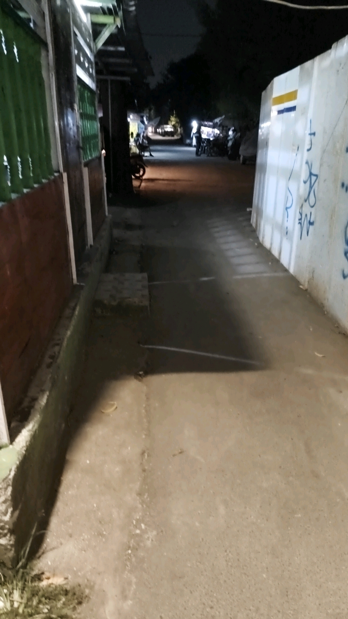 A nighttime, eye-level, medium-shot, outdoor scene depicts a street in South Jakarta, Indonesia. The foreground is dominated by a paved walkway with a dark shadow cast across it. To the left, a brown wall with green corrugated metal siding runs along the edge of the walkway. A low concrete curb is visible along the base of the wall. Further into the distance, on the right side, a large white structure with blue and yellow horizontal stripes is present, adorned with blue graffiti. The background shows a dimly lit street with several figures on motorcycles and people gathered around what appear to be street stalls. Trees and buildings are visible in the distance, silhouetted against the night sky.