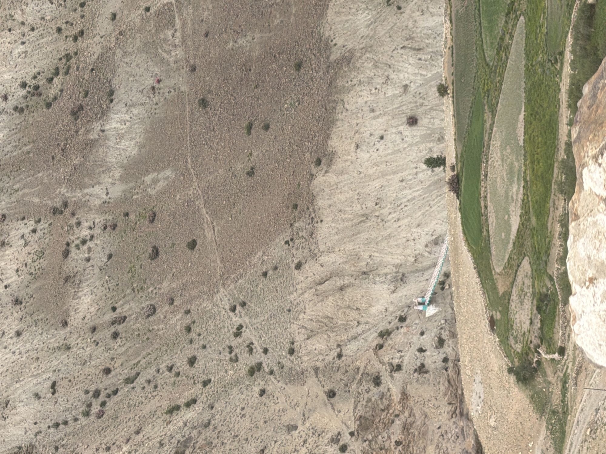 A panoramic, high-angle drone shot captures the rugged, mountainous terrain of Reru, India, characterized by steep, barren slopes dotted with sparse vegetation. A prominent suspension bridge spans a gorge, connecting two sides of the valley, with two figures visible at its entrance. Below the bridge, a fertile valley unfolds, featuring terraced agricultural fields with a mix of green crops and fallow land. A few scattered trees and shrubs punctuate the landscape, adding touches of greenery to the otherwise arid environment. The overall scene depicts a remote, mountainous region with evidence of human habitation and agricultural activity.