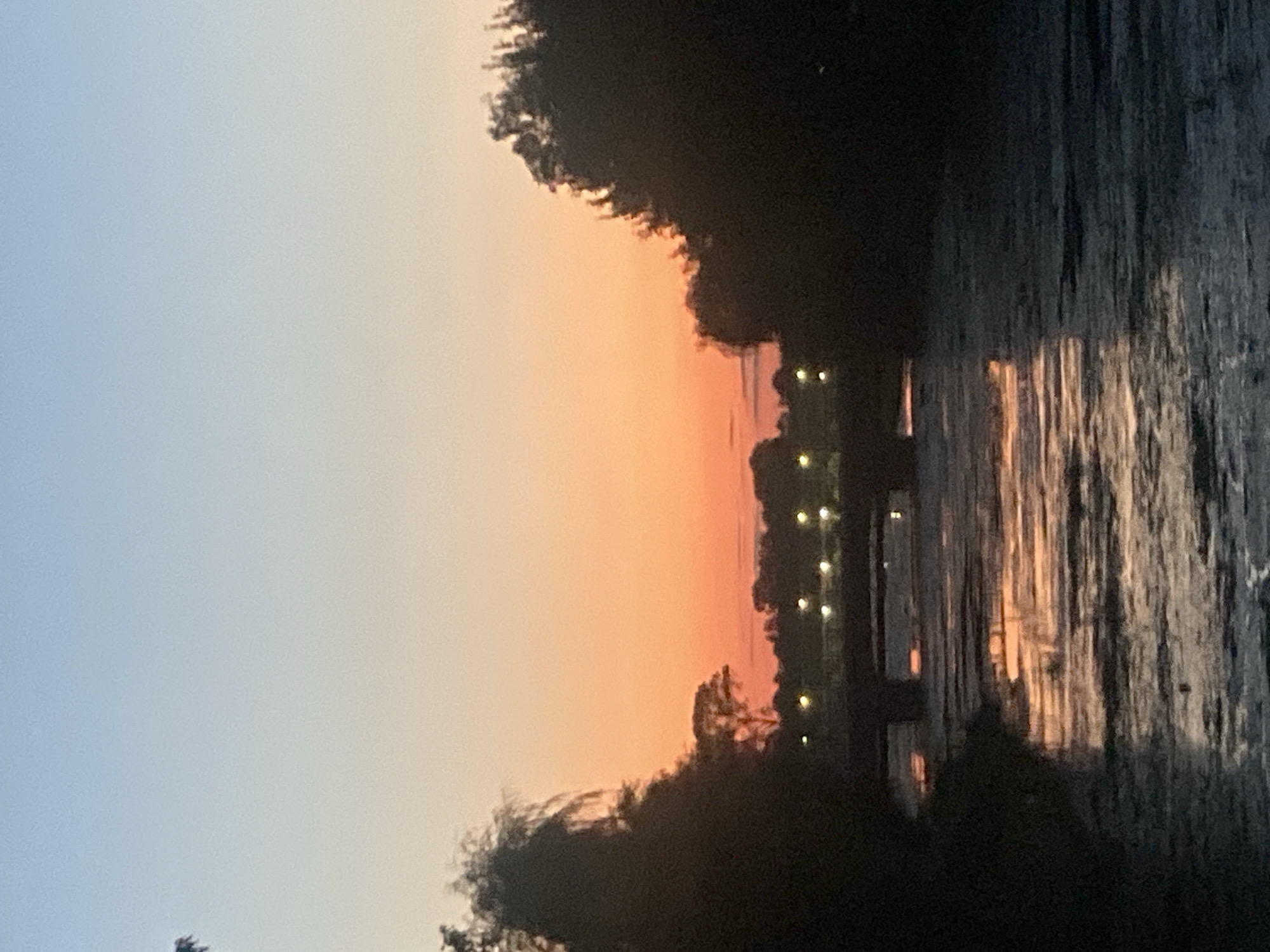 The image depicts a serene sunset over a body of water, likely a river or canal, in the city of Brest, Belarus. The sky transitions from a pale blue at the top to a warm orange hue closer to the horizon, indicating the sun is setting. Silhouetted trees and foliage frame the scene on both the left and right sides, with a bridge visible in the middle distance. The bridge is illuminated by a row of lights, and its reflection shimmers on the water's surface. The water itself appears calm, with patches of what might be algae or debris on its surface, creating a textured effect. There are no people or active events visible in the image, contributing to the peaceful atmosphere. The overall impression is one of natural beauty enhanced by man-made elements.