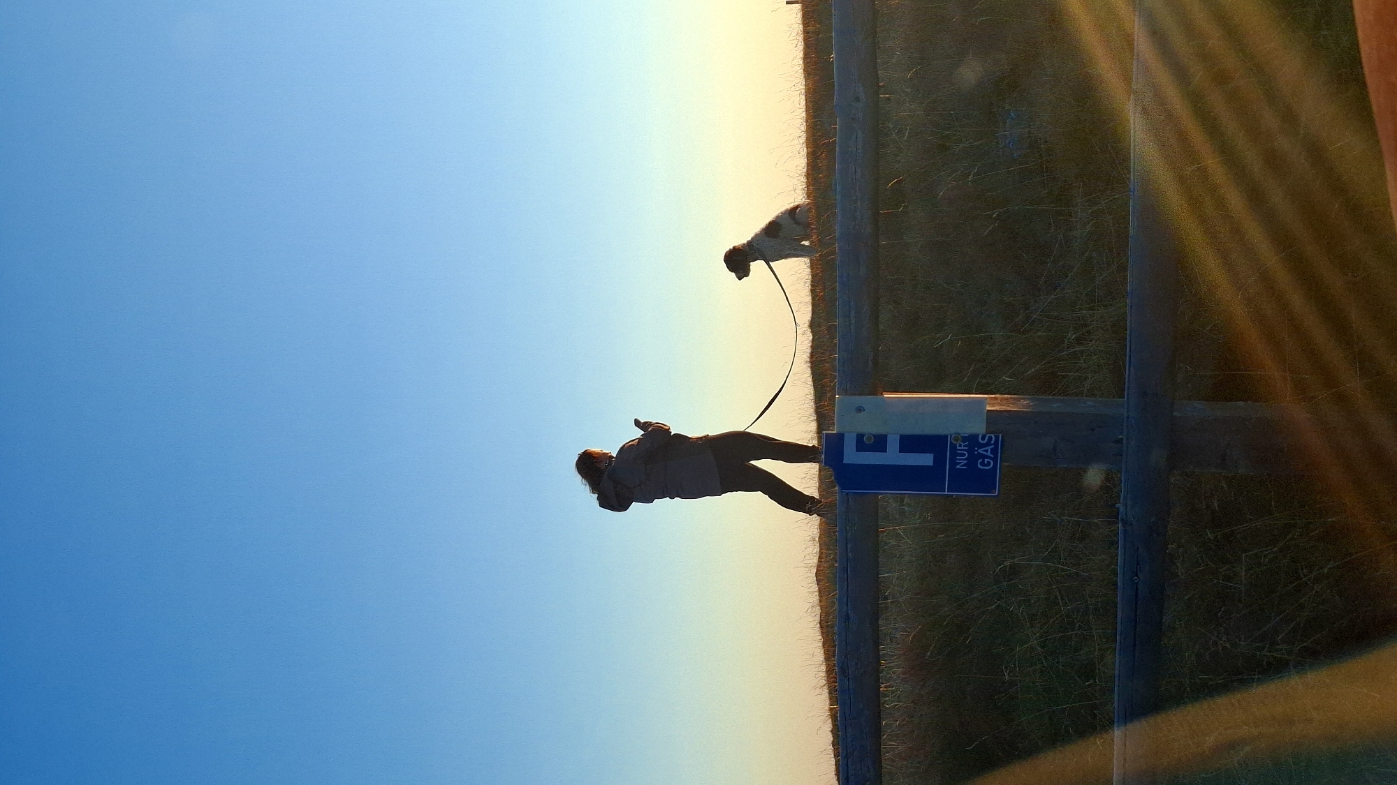 In Waldbach-Mönichwald, Austria, at the golden hour, a person dressed in a grey jacket and dark pants stands on a grassy ridge, holding a phone and looking at it. A dog on a leash sits to the person's right. A wooden fence runs horizontally across the frame in the foreground. A blue and white parking sign is affixed to a wooden post beside the fence. The sky is a clear blue with a gradient towards a pale yellow horizon. The scene is bathed in the warm light of the setting sun, which casts long shadows and creates a lens flare effect on the right side of the image.