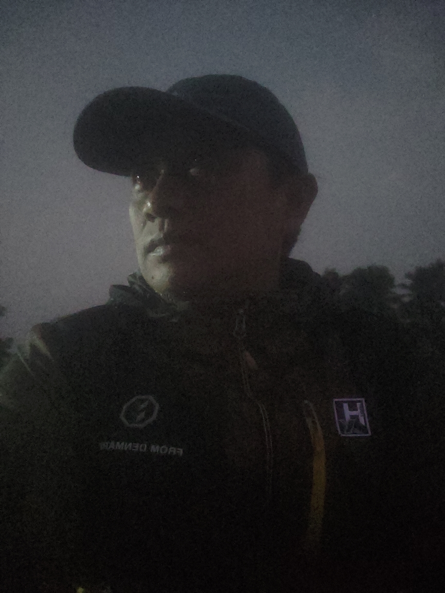 The image is a close-up, dark, grainy selfie of a person wearing a baseball cap and a jacket. The person's face is mostly in shadow, with only parts of their mouth and nose visible. The jacket has two logos on it: one on the left chest area, which appears to be a lightning bolt inside a circle, and text below it that reads "FROM DENMARK" in reverse. On the right chest area, there is another logo with an "H" inside a square. The background is out of focus and appears to be an outdoor, dimly lit environment with trees visible. There is no discernible information in the image that would indicate a location in Sumedang, Indonesia.