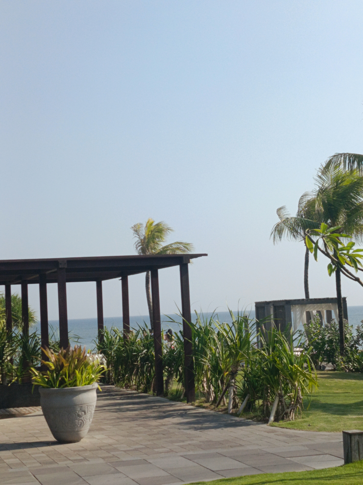 This is a vertical, eye-level, medium shot capturing a serene beachside scene in North Kuta, Indonesia. The clear, pale blue sky dominates the upper portion of the image. In the foreground, a large, ornate gray planter holds lush green foliage. To the right of the planter, a paved walkway leads towards a manicured lawn. Beyond the walkway, a dense line of green tropical plants and palm trees stretches across the mid-ground, leading to the calm, blue ocean.
On the far right, a couple of palm trees reach towards the sky. In the middle ground, a rustic wooden structure with a white draped canopy offers shade. Two indistinct figures are visible near the canopy, appearing to be enjoying the tranquil environment. The scene is characterized by its natural beauty, vibrant greenery, and the peaceful presence of the ocean, indicative of a resort or a well-maintained public space in the tropical region of North Kuta.