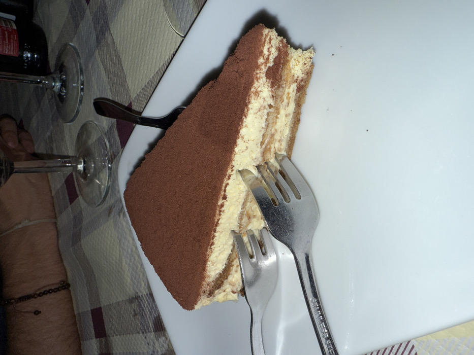 A triangular slice of tiramisu is centrally positioned on a white rectangular plate. The dessert features distinct layers of pale cream and darker, coffee-soaked cake or ladyfingers, topped with a uniform layer of cocoa powder. A portion of the tiramisu's right side has been consumed. Two silver-colored forks are present on the plate; one is partially inserted into the tiramisu from the left, and the other rests adjacent to it, slightly below. The words "STAINLESS STEEL" are legible on the handle of the lower fork. A third, dark-colored utensil is visible vertically at the upper right edge of the plate.
The dining surface is covered by a plaid tablecloth with a grid pattern of light and dark squares. In the upper background, two clear stemmed wine glasses and a dark-colored bottle are visible. A human forearm, adorned with a beaded bracelet, is present in the upper-left quadrant of the image. The scene depicts a dining experience, with at least two individuals implied by the multiple forks and glasses.
The location is a dining establishment in Lecce, Italy. The specific address or name of the establishment is not ascertainable from the provided visual information.