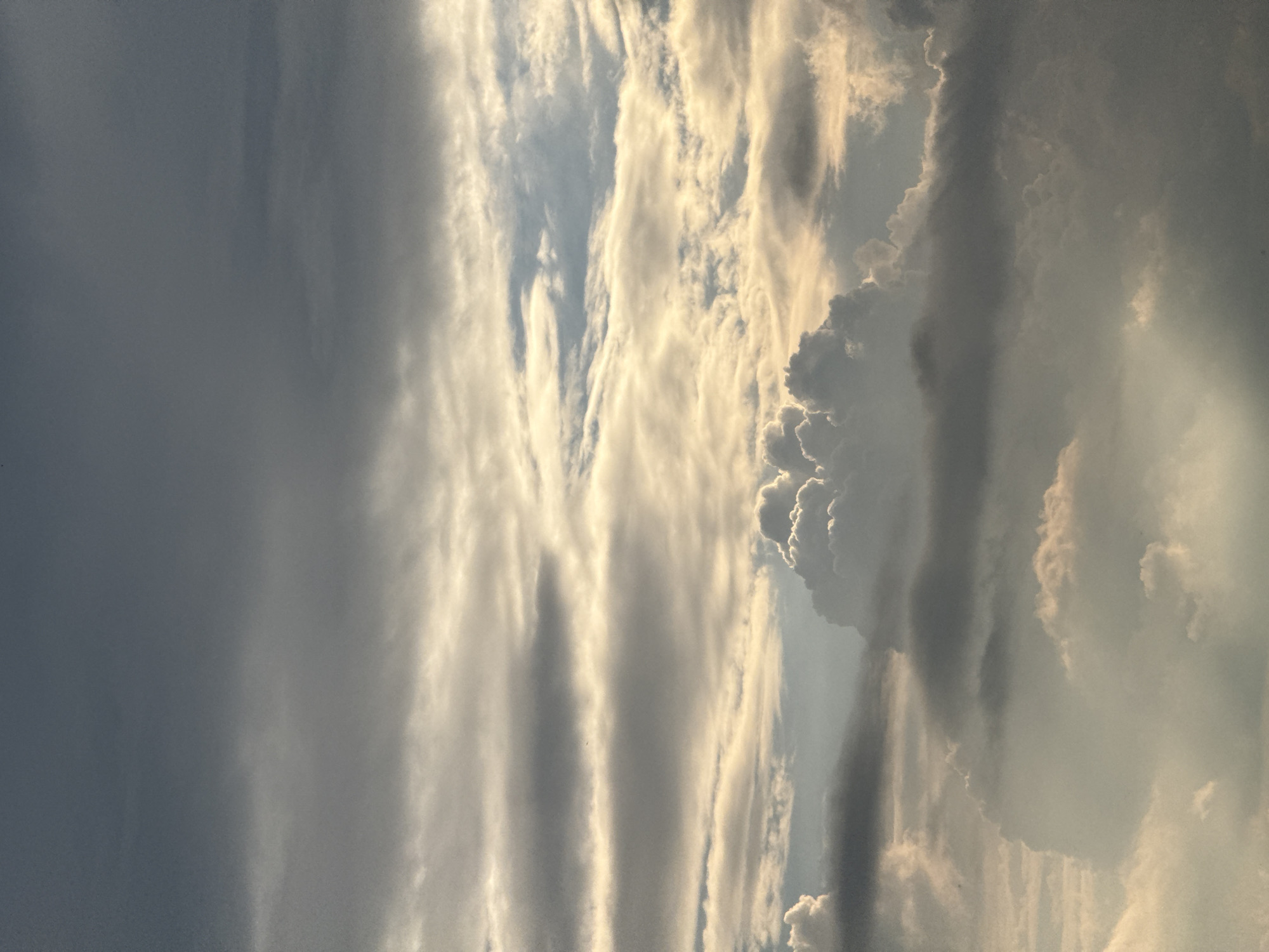 This is a vertical, eye-level, full-shot photograph of a dramatic sky filled with layers of clouds at varying altitudes. The lighting suggests either sunrise or sunset, with golden hues illuminating the edges of some clouds while others remain dark and shadowed. The topmost portion of the image is dominated by a deep grey, overcast sky. Below this, horizontal bands of lighter grey and off-white clouds stretch across the frame, catching the light. Towards the bottom of the image, more voluminous, cumulus-like clouds are visible, with some appearing bright and puffy where they catch the light, and others casting deep shadows. There are no discernible landmarks or signs of human activity, including people or structures, indicating this is a view of the sky itself. The image does not contain any elements that would allow for a specific location within Nizhny Novgorod, Russia, to be identified.