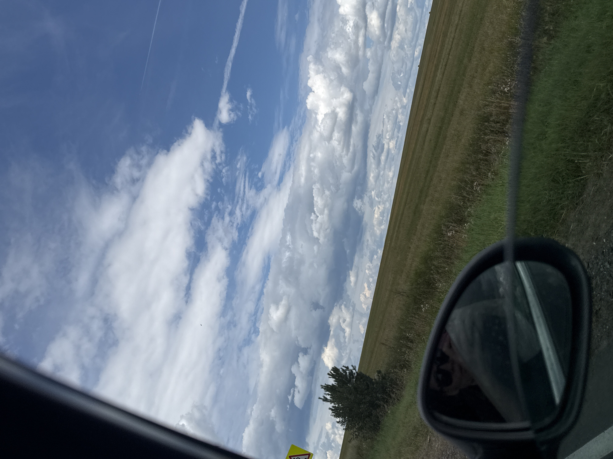A person wearing sunglasses is reflected in a car's side mirror, looking into the mirror. The reflection shows the person's face and shoulders. The car is positioned on the left side of the frame, with a view of a grassy, rolling field and a bright blue sky with scattered white clouds. A small tree is visible on the left side of the field. The scene appears to be in an outdoor, rural setting.