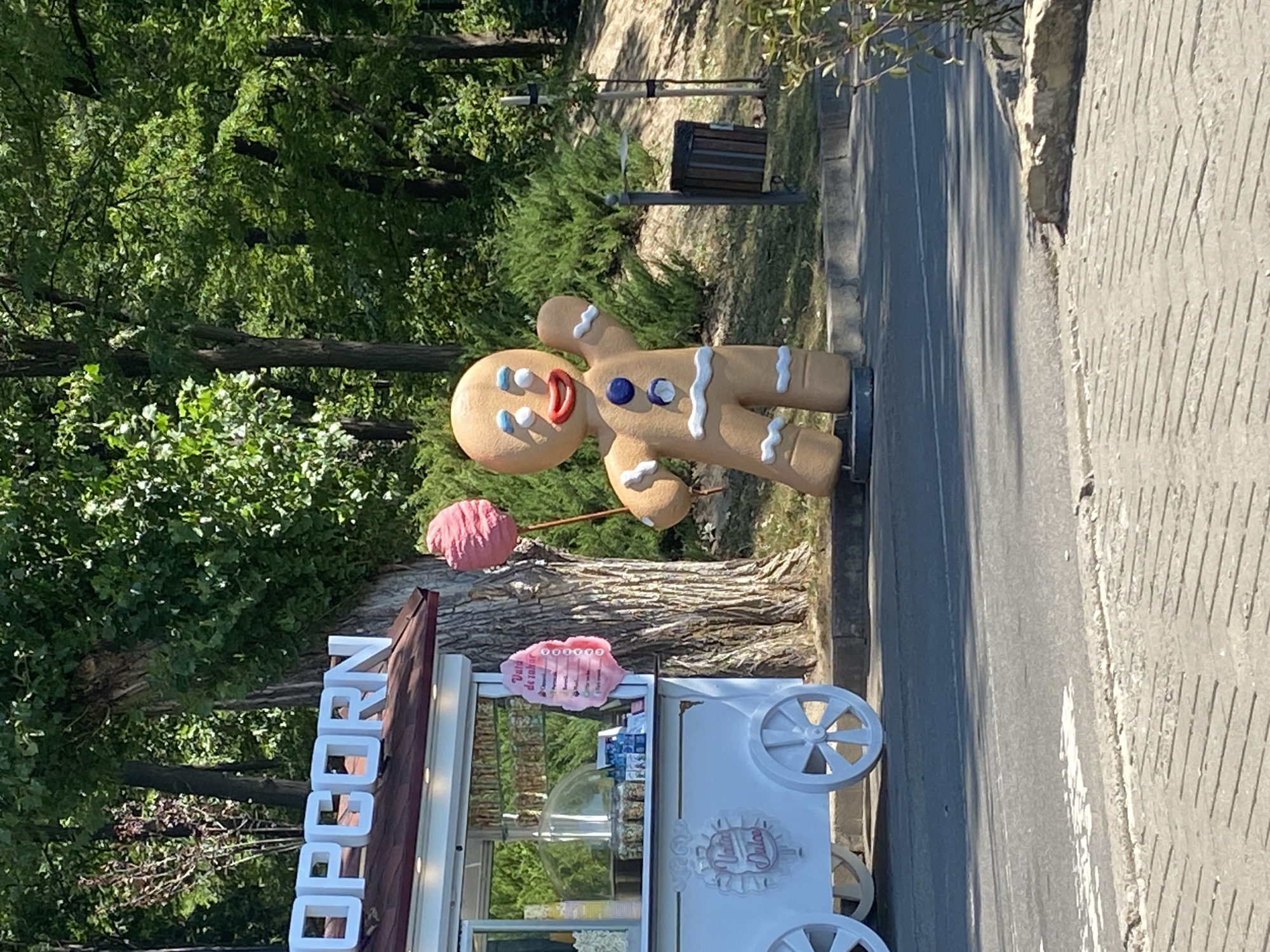 In Chișinău, Moldova, a picturesque scene unfolds near a lush green park. A charming popcorn stand, adorned with the word "POPCORN" in prominent white lettering, beckons passersby. Beside it, a whimsical gingerbread man figure stands tall, holding a pink cotton candy aloft. The vibrant greenery of the park provides a verdant backdrop, with sunlight dappling through the leaves, creating a warm and inviting atmosphere.