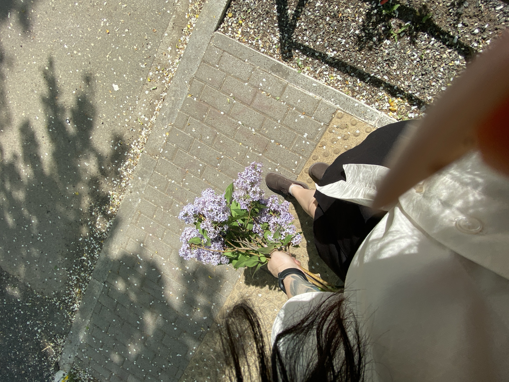 A high-angle shot depicts a person holding a bouquet of purple flowers while standing on a paved area. The person is wearing brown shoes, black pants, and a white shirt or blouse. The location appears to be an outdoor setting, possibly a sidewalk or pathway. There are light-colored petals scattered on the pavement, and shadows are cast on the ground. The exact location within Chaikovsky, Russia, is indeterminable from the provided image.