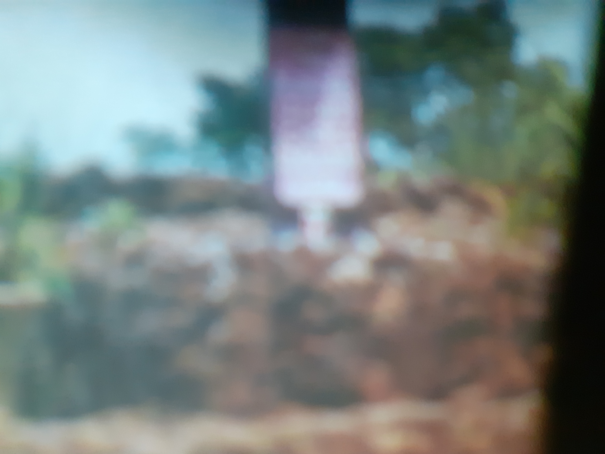 The image is extremely blurry and pixelated, making it difficult to discern any specific details about the scene. It appears to be an outdoor environment with some vertical elements, possibly trees or structures, on the left side. There are also patches of green and blue, suggesting vegetation or sky. In the center-right of the image, a horizontal, light-colored rectangular object with a pinkish hue is visible. The lighting is uneven and the overall quality of the image is poor. There is no discernible information that would allow for the identification of a specific location in Jalingo, Nigeria, or any details about people, subjects, objects, or actions.
