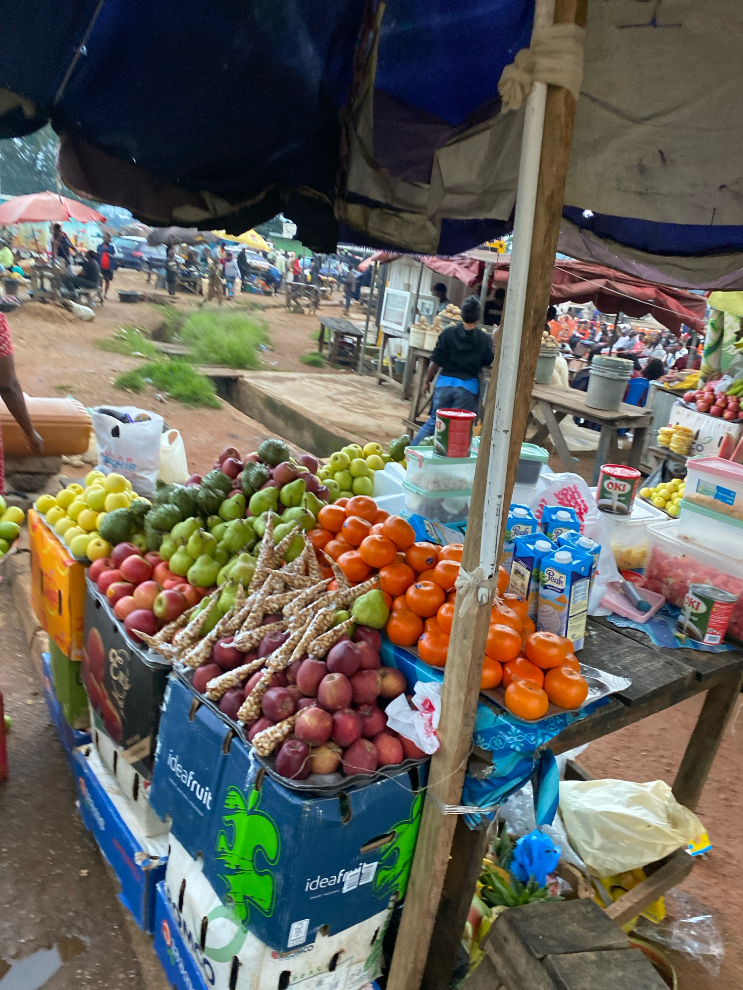 The image depicts an outdoor market scene in Bukuru, Nigeria. In the foreground, a wooden stall is laden with a variety of fruits, including apples, pears, and oranges, displayed in boxes and on trays. Behind the stall, several individuals are visible, some engaged in commerce and others in transit. Various tents and umbrellas provide shade over different stalls and seating areas. In the background, a street lined with vehicles and more market activity can be observed. The ground is predominantly reddish-brown soil, indicative of the region's terrain. The overall impression is one of a bustling marketplace.