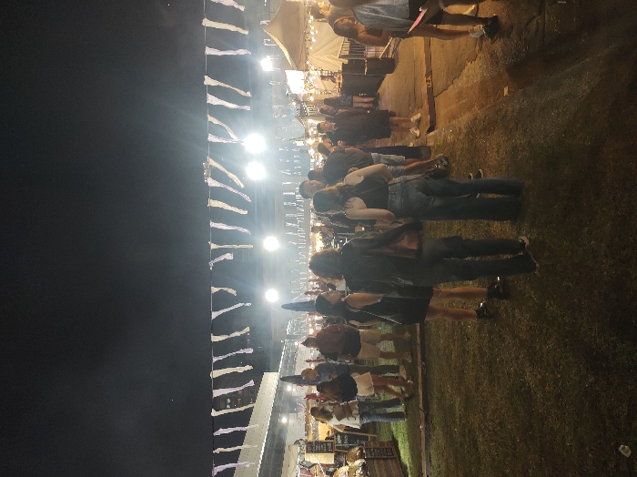 At an outdoor market, a crowd of people mill about on grass. Banners hang above the market stalls, illuminated by bright lights. The sky is dark. Some individuals stand in line, others stroll through the market area. Tents or awnings cover some of the stalls. The scene captures the lively atmosphere of a night market or outdoor event.