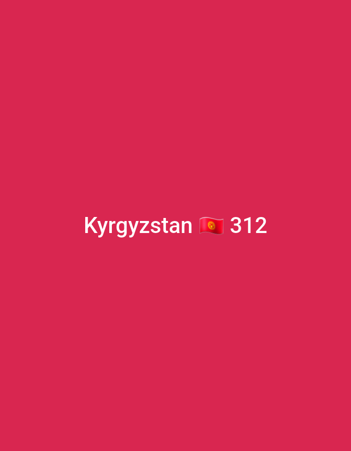 A centrally located image displays the text "Kyrgyzstan" followed by a Kyrgyzstan flag emoji and the number "312" on a solid fuchsia background.