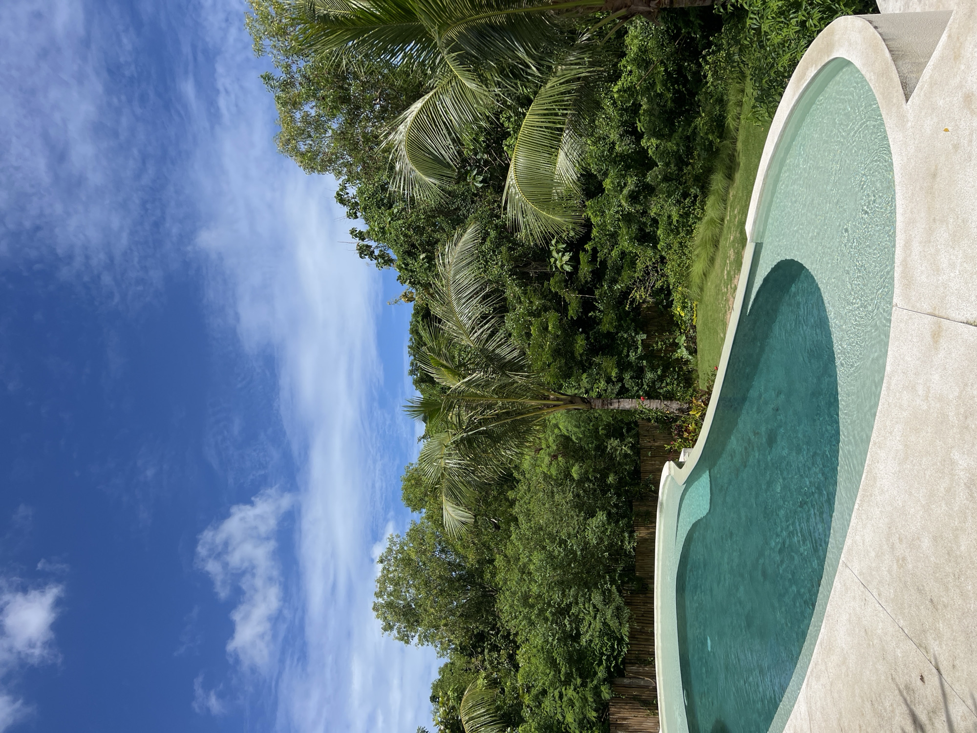 The scene depicts an outdoor area, likely a private residence or resort, located in Kuta Selatan, Indonesia. A uniquely shaped, curved, light-colored pool filled with turquoise water occupies the right side of the image. The pool is bordered by dense tropical foliage, including various trees and palm trees, creating a lush backdrop. A portion of the bright blue sky with wispy clouds is visible above the treeline.