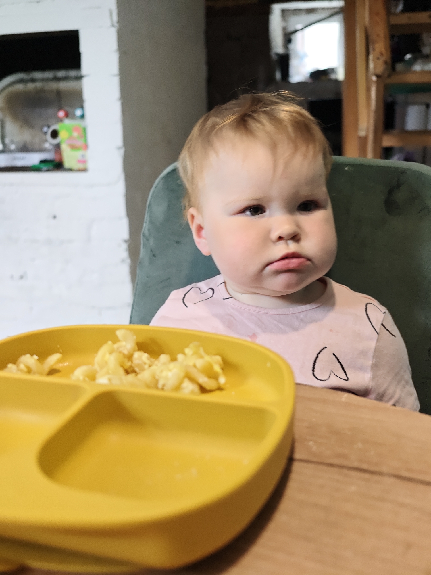 A close-up shot shows a young, fair-skinned child with light-colored hair sitting in a green high chair at a wooden table. The child wears a light pink shirt adorned with black heart patterns. A yellow segmented plate containing cooked pasta is positioned in front of the child on the table.
In the background, a blurred room is visible, with a white brick wall and a partially visible window. A shelf or storage unit is situated in the background, further contributing to the overall domestic environment. The image offers no indication of whether the scene took place in the city of Noviy, Russia.