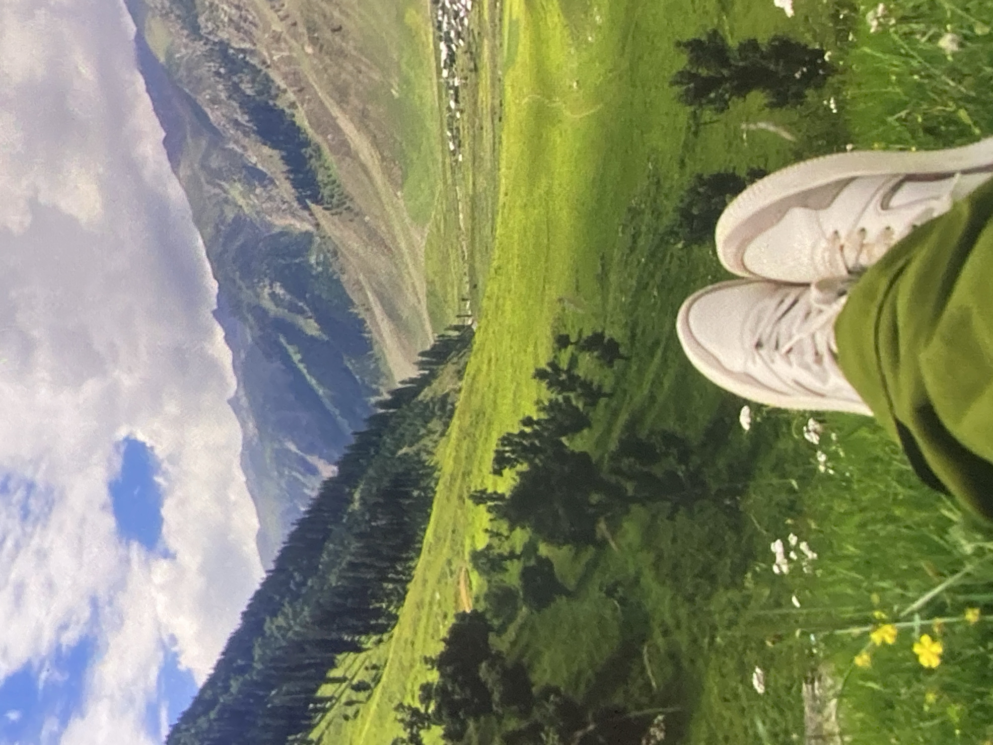 An aerial, low-angle shot captures a serene natural landscape, possibly in Ustyvytsia, Ukraine, with a focus on the foreground and a panoramic view of the distant scenery. In the foreground, a pair of white sneakers and green trousers are visible, suggesting the presence of a person or people relaxing in a grassy area dotted with small white and yellow wildflowers. The middle ground is characterized by a lush green hillside covered in scattered trees, some appearing to be pines, creating a textured, undulating terrain. Beyond this, a wide valley unfolds, also covered in vibrant green grass, with a faint trail visible. In the far distance, a cluster of small buildings forms a village or settlement nestled at the base of imposing, layered mountains. The sky above is a dramatic canvas of blue with large, white, and grey clouds, casting shadows and adding depth to the mountainous backdrop. The overall impression is one of peaceful solitude amidst a breathtaking natural environment.