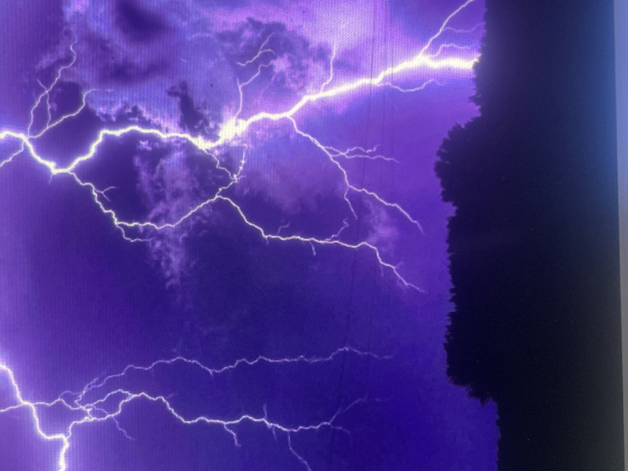 The image depicts a nighttime or heavily overcast sky dominated by a vibrant purple and dark blue hue, illuminated by multiple bright white-to-yellow lightning strikes. The scene is set in Zelenyi Hai, Ukraine. The upper two-thirds of the image show dramatic, high-contrast cloud formations, with visible texture and varying shades of purple, suggesting a stormy environment.
Several distinct lightning bolts are visible. On the left side, two primary vertical strikes descend from the upper left, exhibiting a jagged, branching pattern. In the center and extending to the right, a more prominent, thick lightning bolt illuminates the sky, displaying multiple branches and a luminous core. Additional, fainter strikes are visible throughout the upper right quadrant, where some clouds appear partially lit and wispy.
The bottom third of the image shows a dark, silhouetted landscape, consistent with a treeline or forest, appearing as an undulating black mass against the purple sky. The overall impression is one of a powerful electrical storm. The image exhibits a grid-like pixelation or screen-door effect, particularly noticeable in the cropped sections, suggesting it may be a photograph taken of a digital screen or a low-resolution digital capture. No people or specific man-made structures are discernible beyond the implicit power lines or communication lines hinted at by faint vertical lines in the sky on the left.
