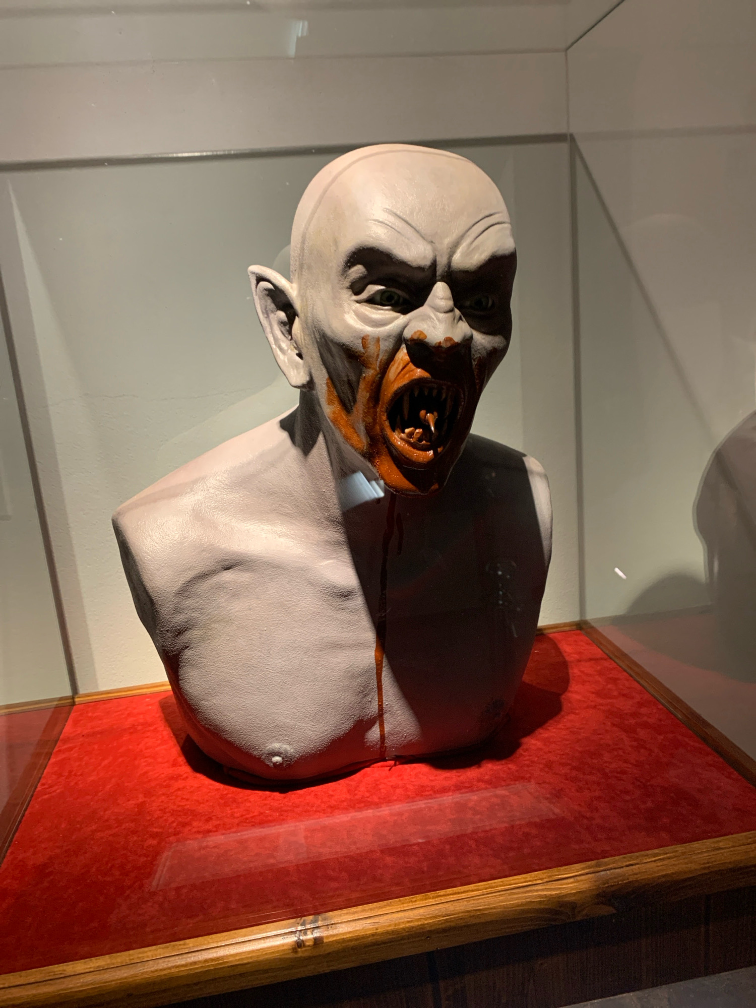 A bust of a vampire with sharp teeth and blood dripping from its mouth is displayed in a glass case with a red velvet lining. The bust is made of pale, grey material and appears to be a prop or a statue. The background is a plain grey wall. The scene is lit from above, casting shadows on the bust. The bust is positioned on a wooden base with a glass cover, suggesting it is an exhibit in a museum or a display case. The location is the Huntington Library, Art Museum, and Botanical Gardens in San Marino, California, within the Mr. Huntington's Library section.