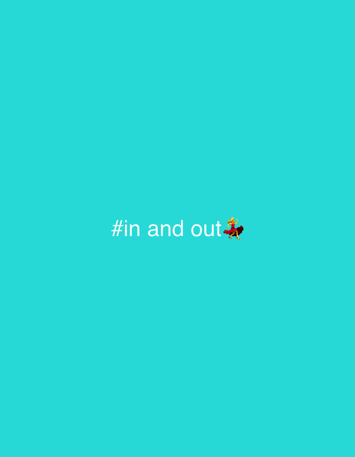 An animated graphic displays the hashtag "#in and out" in white text against a teal background. To the right of the text, a cartoonish animated figure, possibly a dancer or a character from a game, is depicted in mid-action, wearing red and yellow attire. The background is a solid, vibrant teal color. There is no indication of the location being in a city in Nigeria.