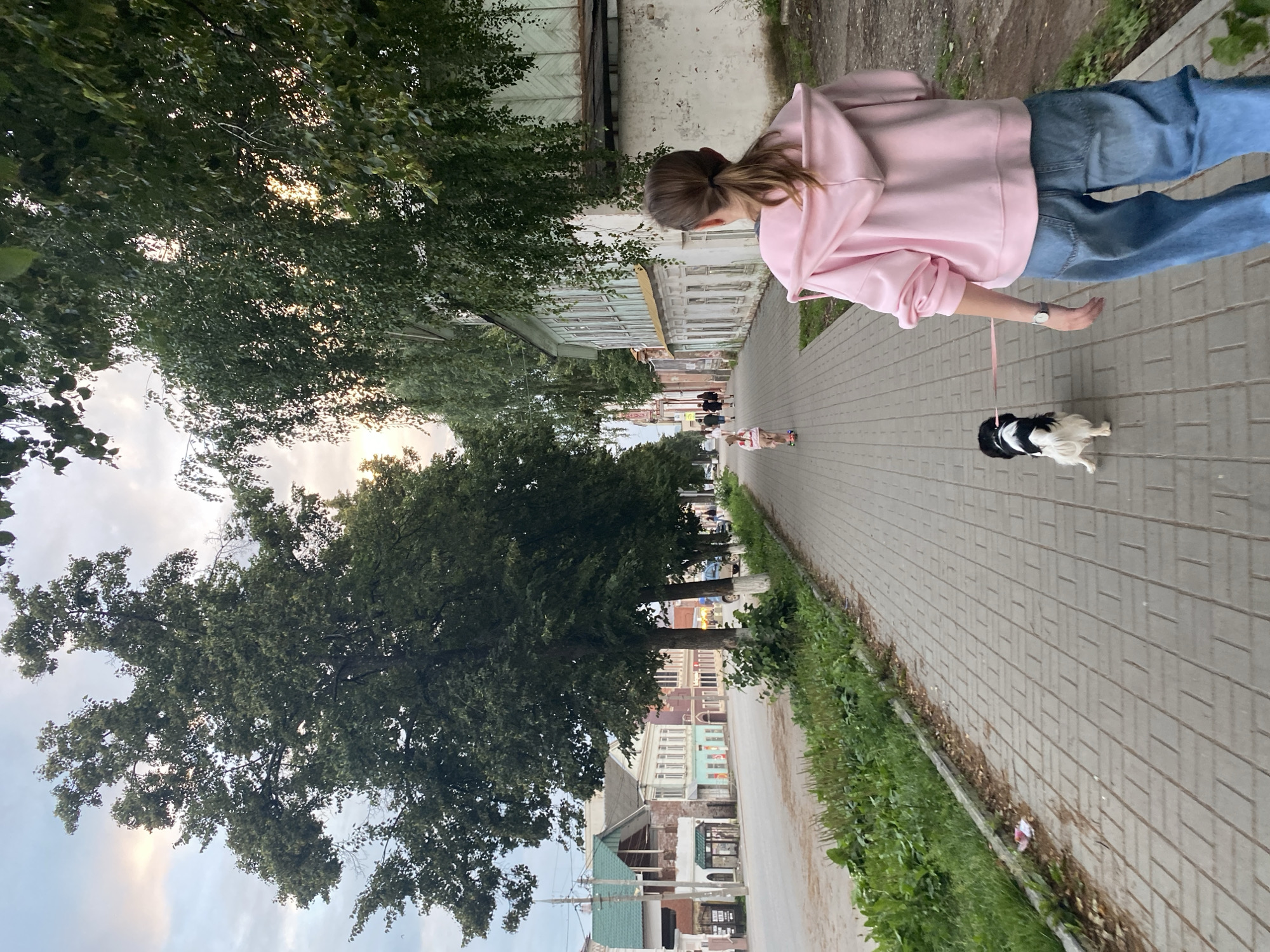 An overhead shot captures a view down a sidewalk lined with trees in Votkinsk, Russia. In the foreground, a young woman with a light brown ponytail walks away from the camera, wearing a pink hooded sweatshirt and blue jeans. She holds a leash attached to a small, black and white dog walking beside her. Further down the sidewalk, a young child on a scooter moves away from the camera. Several people are visible walking in the distance. The sidewalk is paved with gray bricks and is bordered by green grass and a low curb. On the left side of the street, there are buildings with red and green roofs, and on the right, a long, light blue wooden building with white trim. Trees with dense green foliage line both sides of the street. The sky is partly cloudy with sunlight breaking through, suggesting it is late afternoon or early evening.