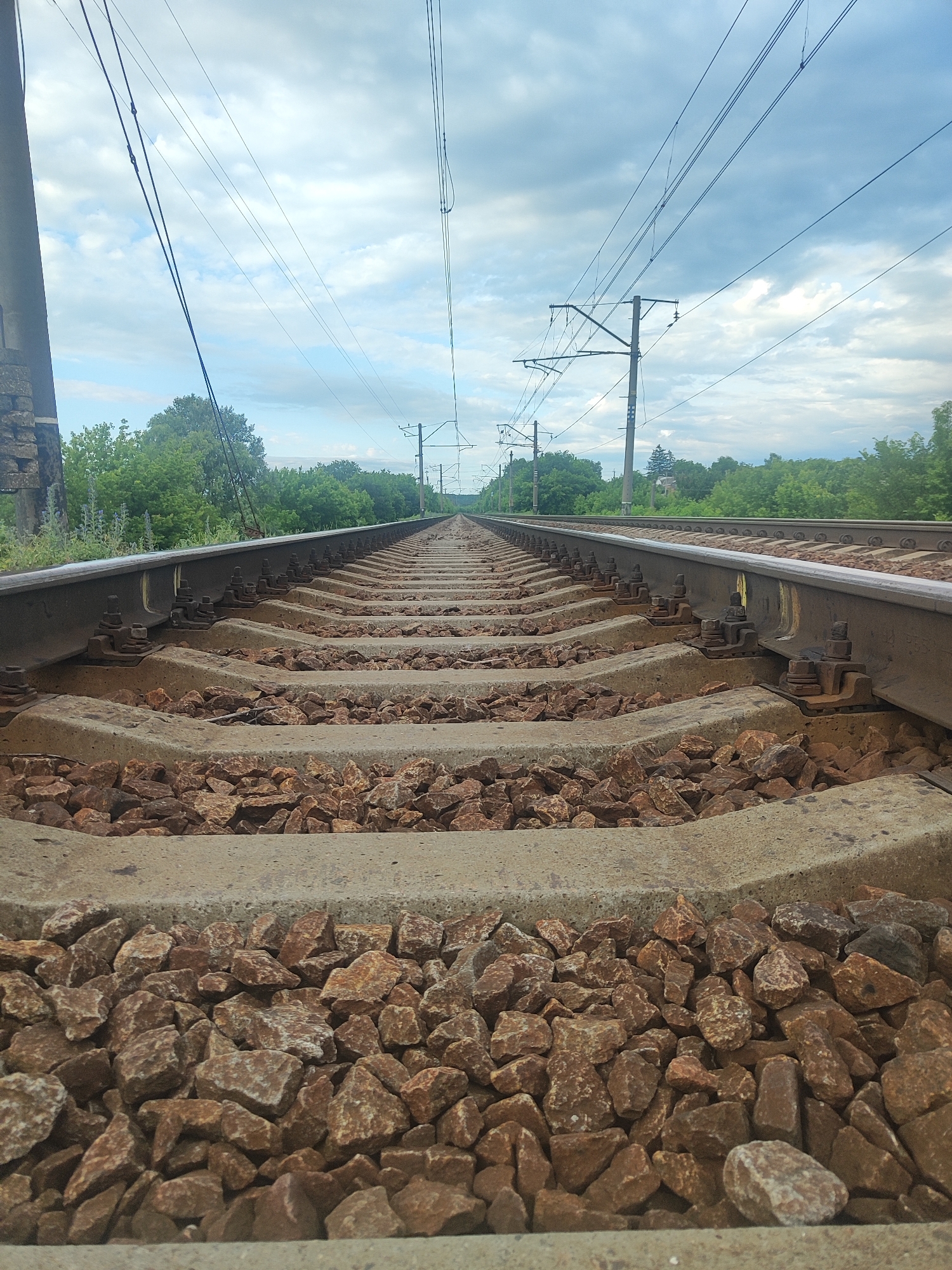 The image shows a close-up, low-angle view of a set of railroad tracks stretching into the distance. The tracks are made of dark metal rails, secured to concrete sleepers by metal clips and bolts. The sleepers are covered in reddish-brown gravel. In the foreground, the gravel is clearly visible, with individual stones showing their varied textures and shapes.
The tracks recede towards a horizon line where they appear to converge. On either side of the tracks, lush green trees form a dense border, suggesting a rural or semi-rural setting. Above, a cloudy sky dominates, with patches of blue sky visible between the grey clouds. Overhead, thick electrical wires stretch along the length of the tracks, supported by utility poles. These wires indicate that the railway is likely electrified.
The scene appears to be set during the daytime, given the brightness of the sky. The weather seems overcast, but not necessarily rainy. There is no text visible in the image. The perspective and the focus on the tracks create a sense of depth and forward motion, inviting the viewer to imagine traveling along the railway. The overall impression is one of industrial infrastructure set against a natural backdrop.