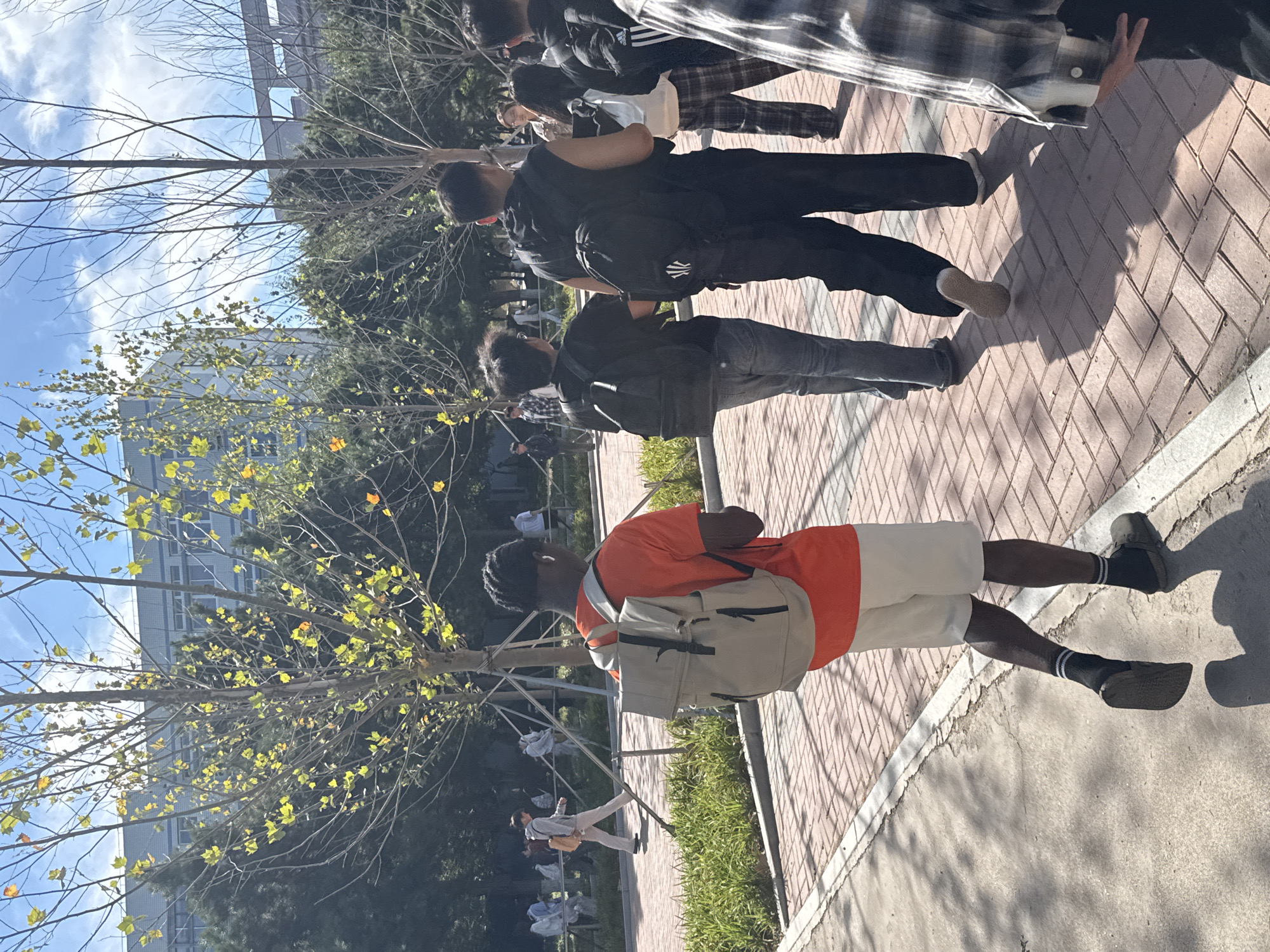 The image depicts a street scene in Guta, China, under a bright, partly cloudy sky. In the foreground, a person wearing an orange t-shirt and white shorts with a beige backpack walks away from the camera on a red brick sidewalk. To the left, a grassy area borders the sidewalk, and further back, more people are visible walking. Trees with sparse, yellowing leaves line the path, casting dappled shadows on the ground. In the background, modern buildings with multiple windows rise above the trees. The overall impression is of a bustling campus or urban environment on a sunny day.