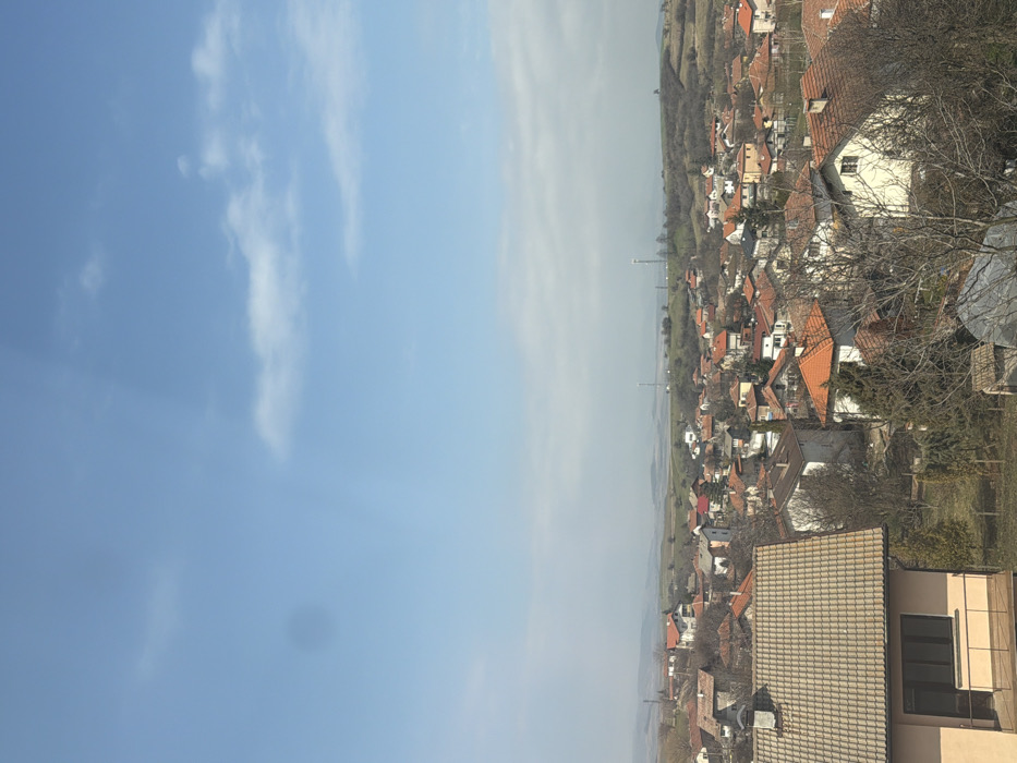 The image displays an elevated panoramic view of the village of Divotino, Bulgaria, under a clear blue sky scattered with sparse white clouds. A dark circular lens artifact is present in the upper left sky quadrant, with a faint vertical light streak centrally. The foreground on the left features the upper sections of a light-colored two-story residential building, identifiable by its beige tiled gabled roof, a chimney on the left, and a small balcony with dark-framed windows on the first floor. The middle ground shows a dense cluster of numerous residential houses, primarily one to two stories, featuring a mix of orange-red and light beige tiled roofs. Bare deciduous trees, indicating late winter or early spring, are interspersed among the structures and within yards, alongside some evergreen vegetation. The village is situated on undulating terrain, extending into a background of rolling hills with patches of green and brown vegetation. Two tall, slender communication towers are visible on a distant hill to the right of the frame's center. No individuals, explicit actions, or direct interactions are depicted. The scene is illuminated by bright natural daylight.