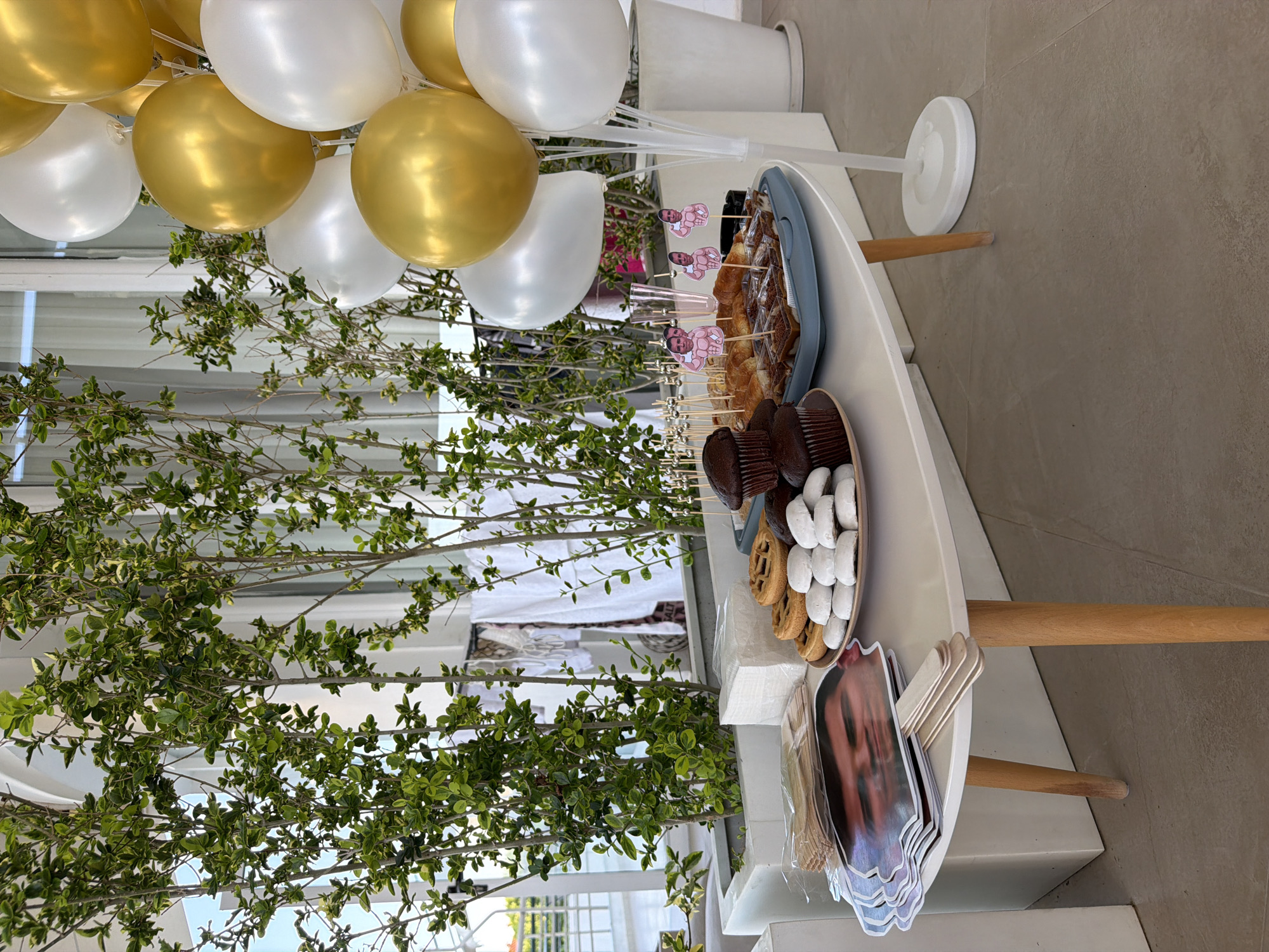 This image depicts an outdoor event table in Kassandra Municipal Unit, Greece. The table is laden with a variety of party treats and decorations. In the foreground, a stack of cutout faces, likely of a person of interest, are arranged on the table, some attached to wooden sticks. Next to them, a plate holds an assortment of cookies and white confectioneries. To the right, chocolate cupcakes are stacked, and a blue serving tray contains pastries and individual dessert cups, each adorned with a small cutout of a muscular figure on a toothpick.
Behind the table, a large white planter contains lush green foliage, acting as a natural backdrop. Several gold and white balloons are clustered on a white stand, adding to the festive atmosphere. The table itself is white and features wooden legs. In the background, a white railing and the bright outdoor light suggest a patio or balcony setting. The overall scene suggests a celebration or party in a well-lit, outdoor Greek location.