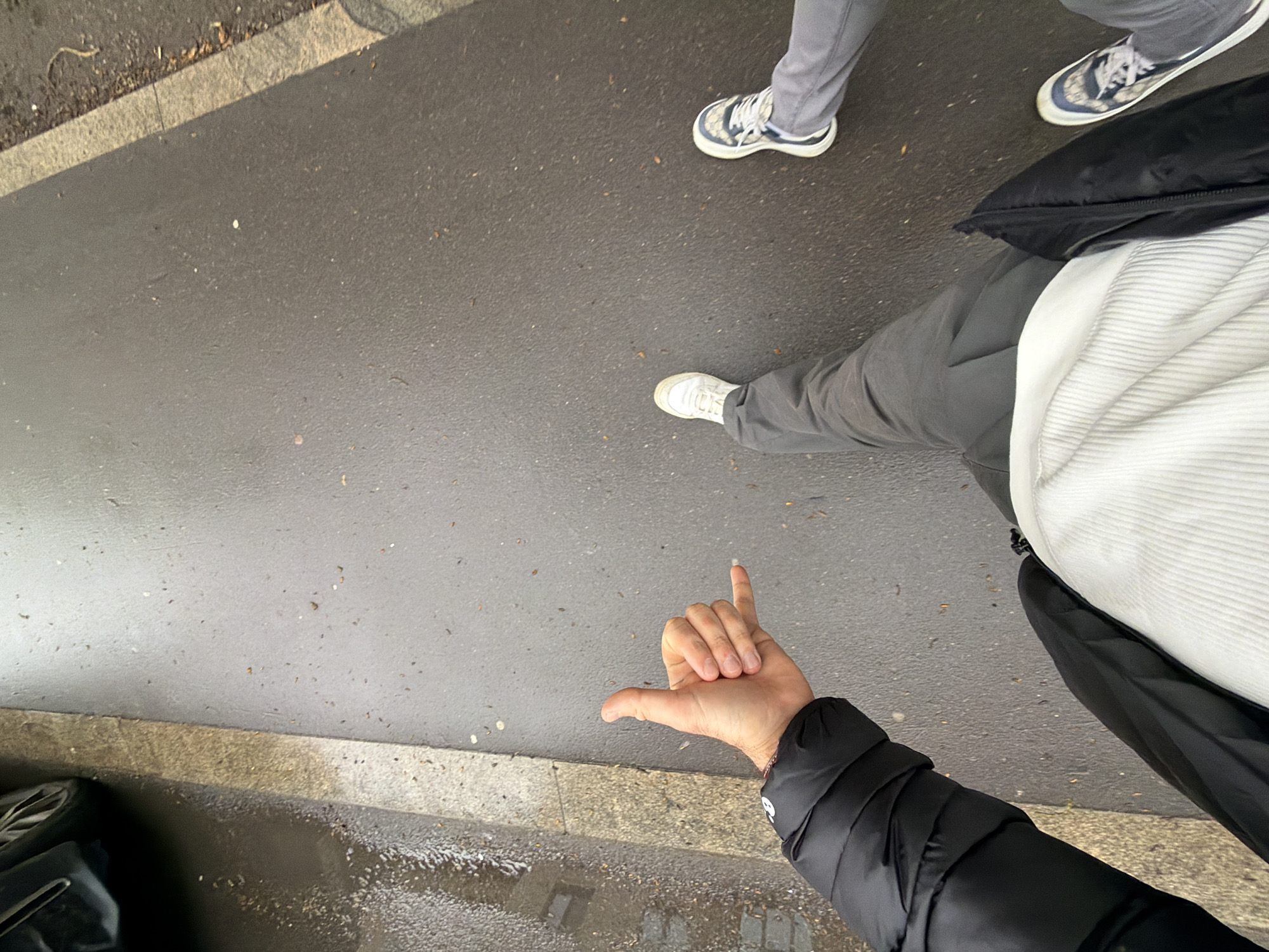 The photograph, taken from an elevated perspective, showcases a street scene. In the foreground, a hand extends from the right side of the frame, gesturing with the thumb and pinky finger extended in a "hang loose" sign. The arm is clad in a black puffer jacket. The lower part of a person dressed in grey trousers, a white ribbed top, and a black jacket is visible. Another person can be seen wearing grey trousers and sneakers. The street is asphalt, appearing slightly wet and reflecting the overcast sky. A pavement edge is visible at the bottom of the frame. A car is partially visible on the bottom left side. There's no indication the image was taken in Moscow.