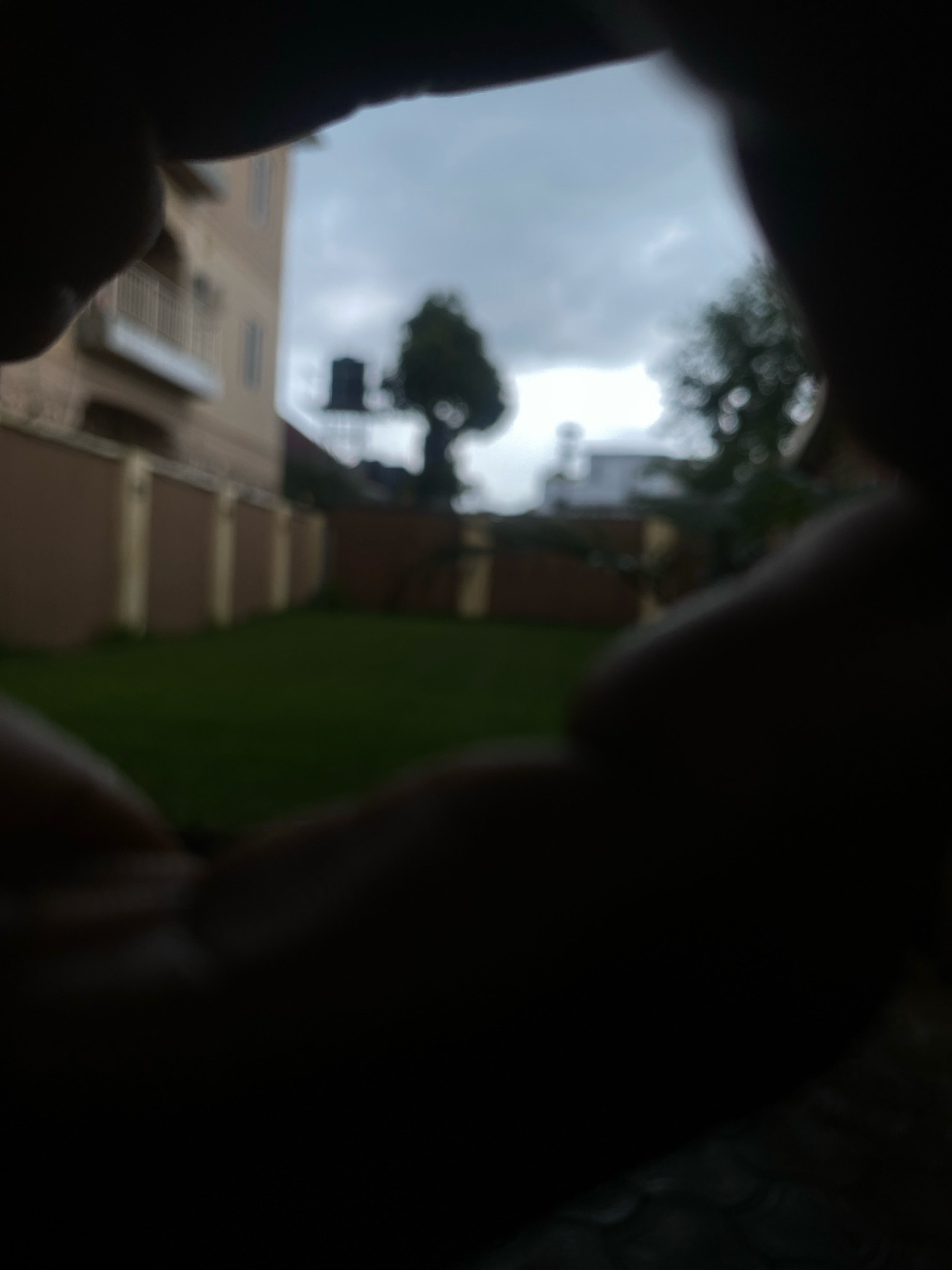 The image shows an outdoor scene framed by dark, blurry foreground elements, possibly hands. In the middle ground, a green lawn is visible, bordered by a tan-colored wall with vertical pillars. Beyond the wall, a building with balconies and windows is present. In the background, a tree with a water tank on its branches stands against a cloudy sky. The overall impression is of a residential area. The location is the city of Barden Yana, Nigeria.