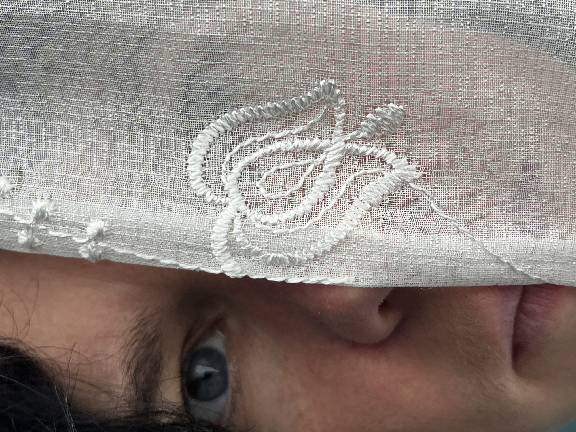 The image is a close-up shot of a person's face, partially obscured by a sheer white curtain with embroidered detailing. The person's left eye, iris color blue, is visible, along with a portion of their nose and mouth. Dark, curly hair frames the left side of the face. The curtain features a white embroidered design resembling a stylized leaf or floral pattern. The background is out of focus, but appears to be indoors, with a light source suggesting natural light filtering through the curtain. The image does not contain any information to determine its location within ღრმაღელის თემი, Georgia.