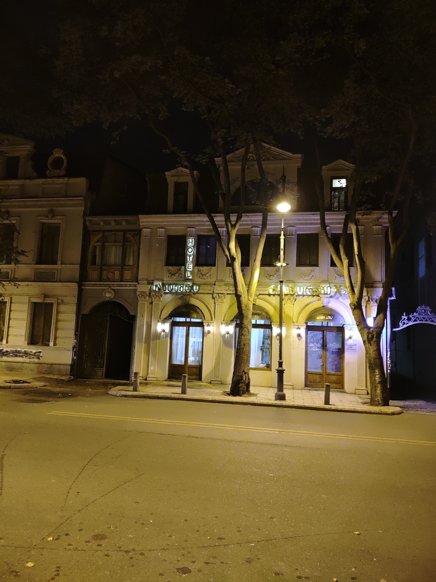 The image shows a street view of a hotel in Tbilisi, Georgia at night. The hotel is a multi-story building with an illuminated sign that reads "HOTEL". The facade of the hotel features arched doorways and windows, with lights illuminating the entrance and exterior. Trees with bare branches are positioned in front of the building, and a street lamp is visible in the foreground. The street in front of the hotel is paved and has yellow lines marking the lanes. The overall scene is dark, with the artificial lighting from the hotel and street lamp being the primary sources of illumination. The image is taken from a slightly elevated perspective, looking across the street towards the hotel.