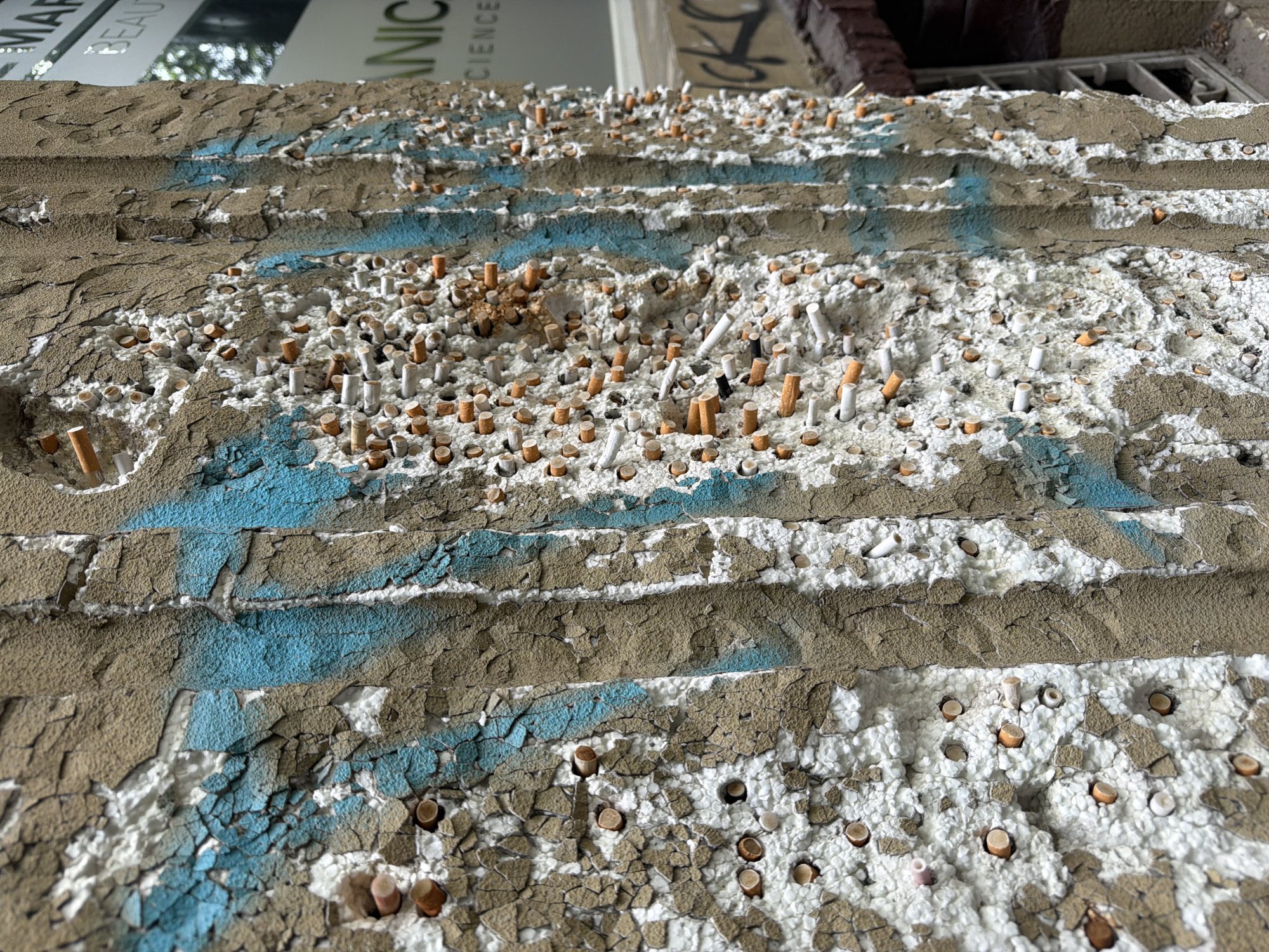 The image depicts a low-angle close-up of a heavily littered concrete ledge or windowsill, likely part of a building in Sofia, Bulgaria. The surface is layered with peeling paint in tan, white, and blue hues. Embedded within and scattered across the surface are numerous cigarette butts. The accumulation is dense, creating a textured appearance. The backdrop shows signage with text, "BEAUTY" and "SCIENCE," providing contextual information for the location, possibly a building housing beauty or scientific businesses. A small portion of a brick structure is visible in the upper right, offering another detail of the environment. The overall impression is one of neglect and accumulated waste.