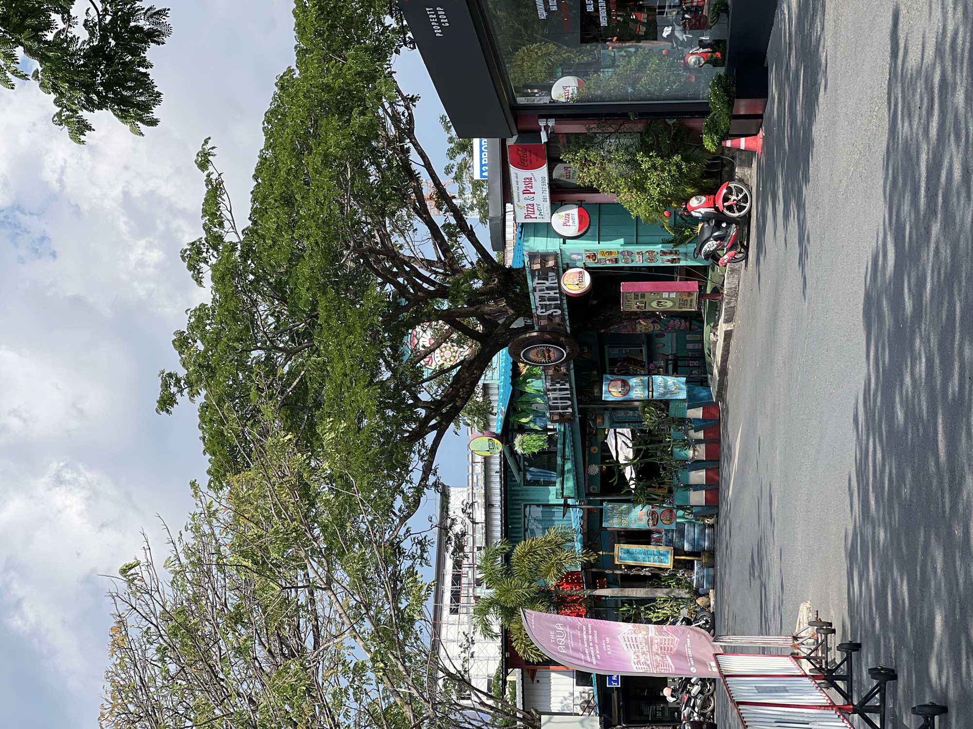 The image captures a street scene, likely in a city, featuring a building with various signs and advertisements. The building is characterized by its turquoise color and numerous signs, including those for "Pizza & Pasta Lovers" and "Coca-Cola." A large tree with dense foliage partially obscures the building. The text "THE AQUA" appears on a flag along with the phrases "LUXURY WATERFRONT RESIDENCE IN THE HEART OF BOAT AVENUE" and "2 Floor." Other elements include a parked scooter, a metal barrier, and shadows cast across the street. The signs and advertisements seem to be in English. The general context suggests a commercial area with food establishments and real estate advertising.
