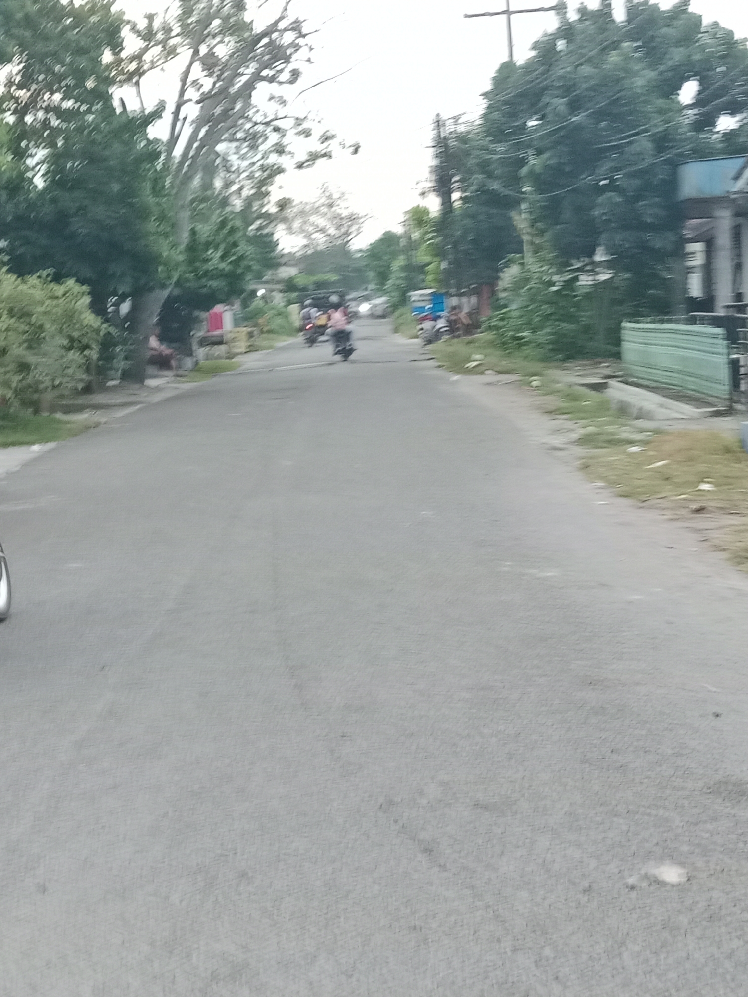 The image captures a paved street in the City of Binjai, Indonesia, lined with lush green trees and vegetation on both sides. The sky appears overcast. On the right side of the road, there is a building with a blue roof, and a green fence. On the left side, there are several parked motorcycles and what appear to be small shops or residences. A person is riding a motorcycle further down the street, and another motorcycle is parked in front of one of the shops. The overall scene depicts a typical urban street in a tropical environment.