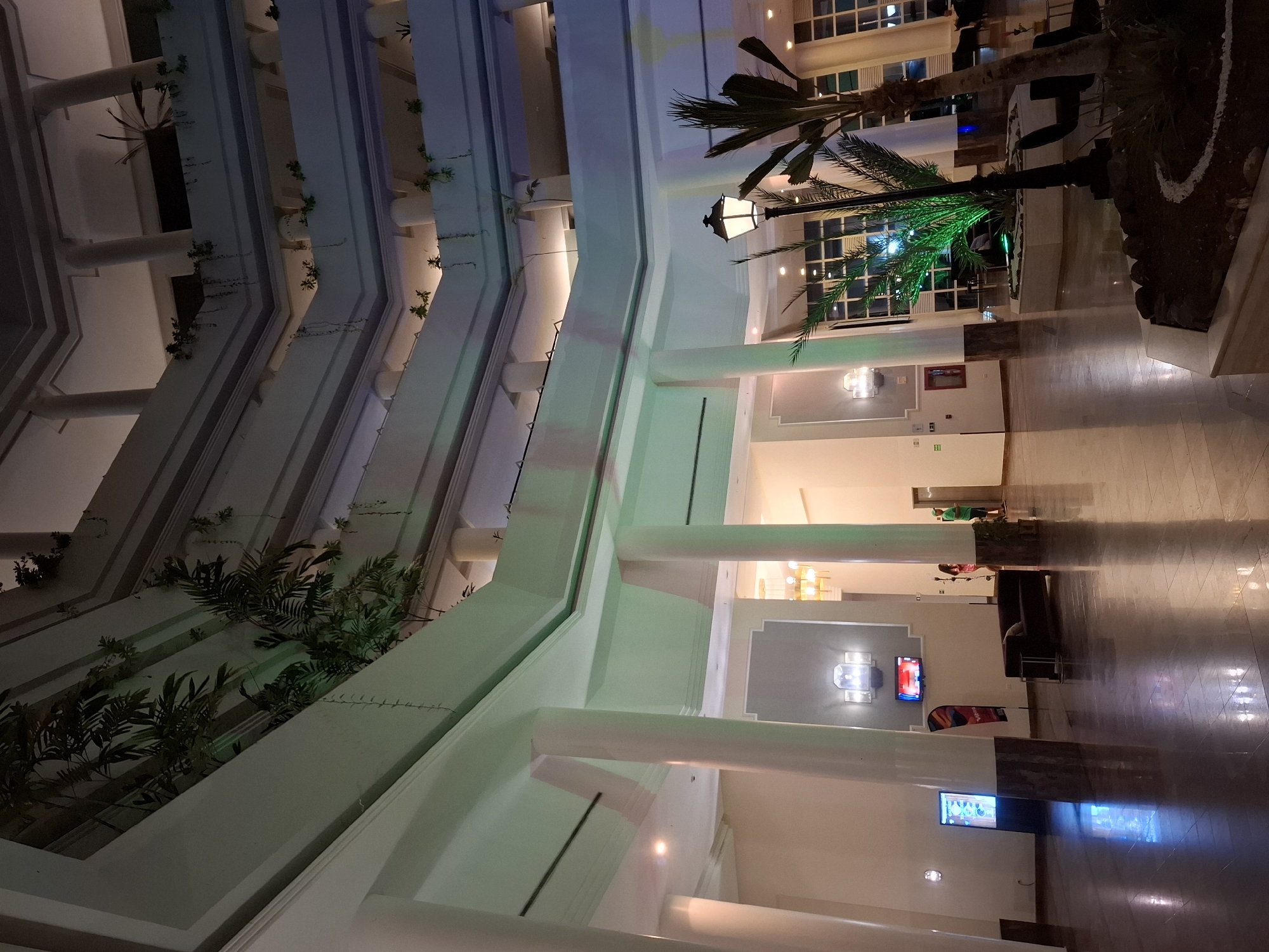 This appears to be an indoor shot of a multi-story atrium, possibly within a hotel in Pedro González, Venezuela. The architectural design includes open balconies on multiple levels, adorned with vegetation. The ground floor features polished flooring, likely marble, and is furnished with seating arrangements and a decorative palm tree with a lamppost. Several televisions are mounted on the walls. Individuals can be observed in the background.
