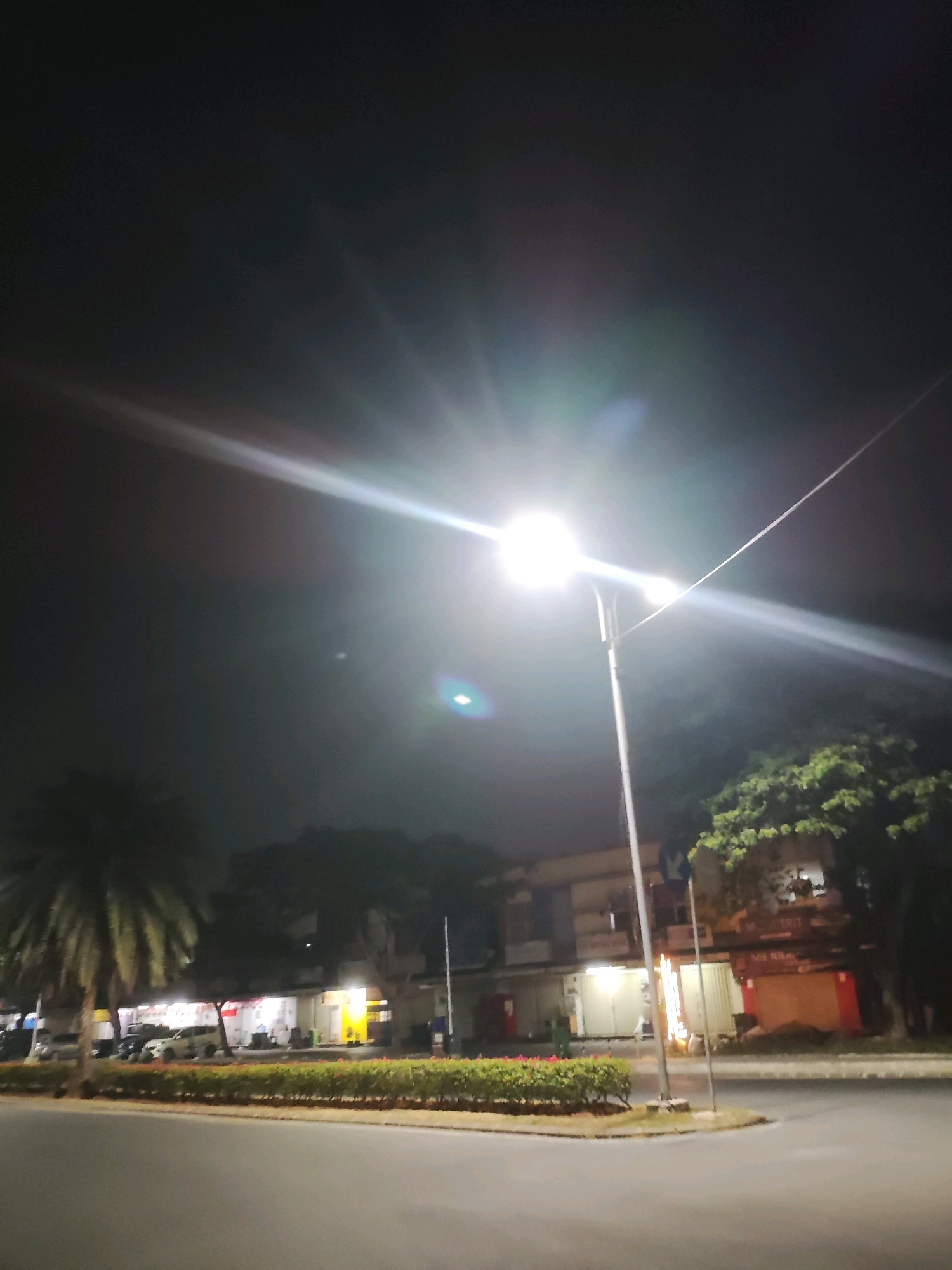 The image captures a street scene at night in Telagaasih, Indonesia, illuminated by a bright streetlight in the foreground. The streetlight, a tall, slender pole with a large lamp, emits a powerful glow that creates strong lens flares and washes out parts of the sky. A thin wire extends diagonally from the top of the pole into the dark sky.
To the left of the streetlight, a palm tree stands with its fronds silhouetted against the night. Beyond the palm tree, a row of low-rise buildings lines the street. These buildings appear to be shops or businesses, with lights visible inside some of them, indicating activity. Several parked cars are visible in front of the buildings, including a white SUV and a darker sedan. A well-maintained green hedge runs along the edge of the road, separating it from the buildings.
To the right of the streetlight, a dense canopy of trees partially obscures the buildings behind them, casting dark shadows. The street itself appears to be paved, with a curved road visible in the foreground and a median with vegetation. The overall atmosphere is one of a quiet urban night, with the artificial light of the streetlight dominating the scene. No people are clearly identifiable in the image.